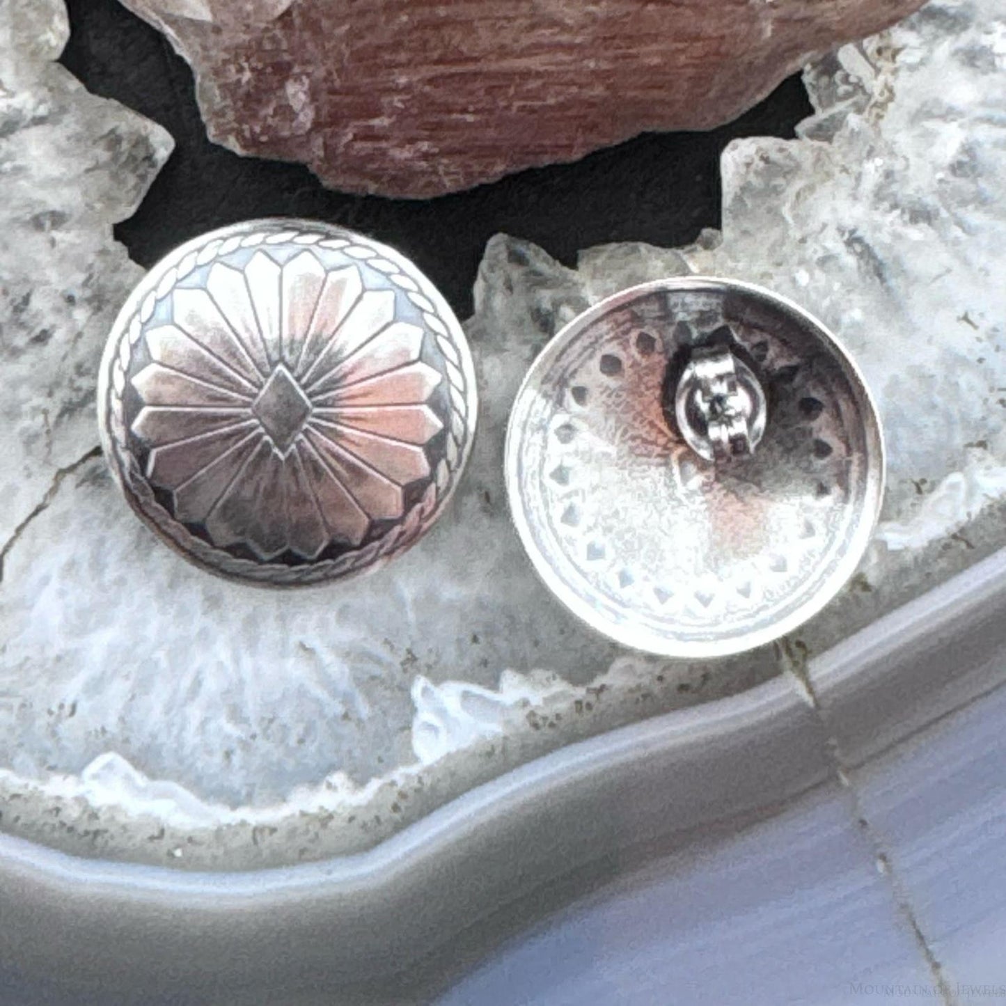 Native American Sterling Round Stamped Floral Concho Stud Earrings For Women