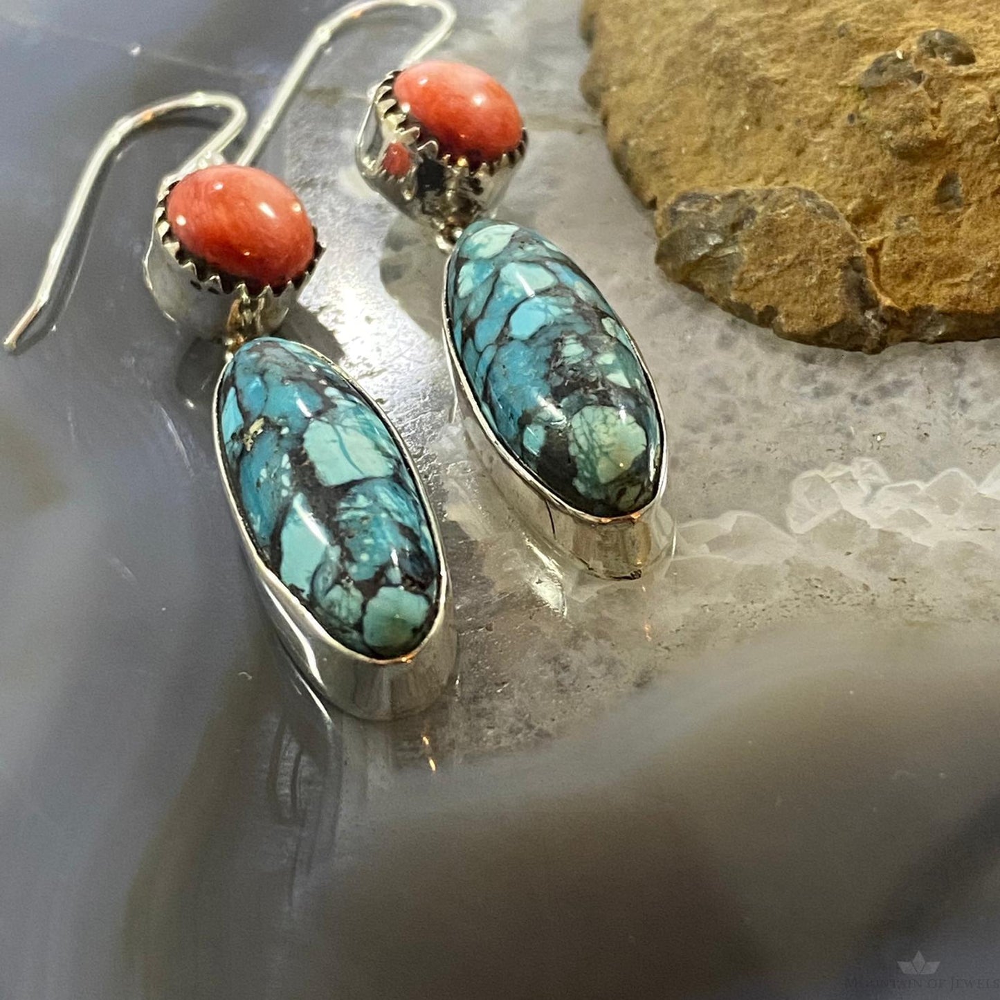 Native American Sterling Spiny Oyster & Oval Mosaic Turquoise Dangle Earrings