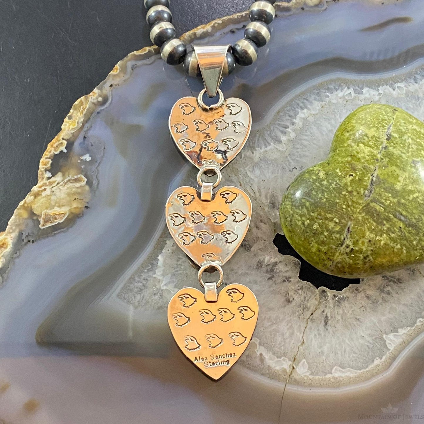 Alex Sanchez Native American Sterling Silver Petroglyph Triple Heart Pendant For Women