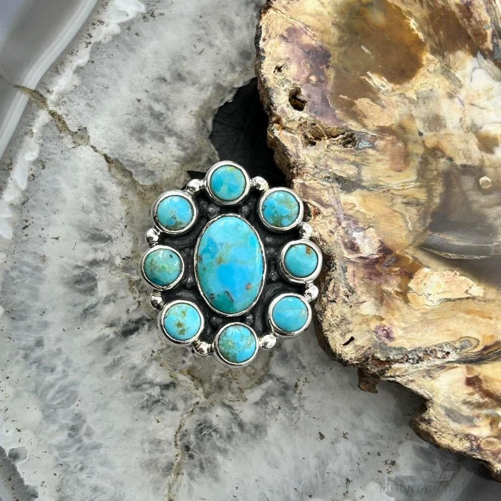 Sterling Silver Southwestern Style Mohave Turquoise Cluster Ring Size 7.5 For Women