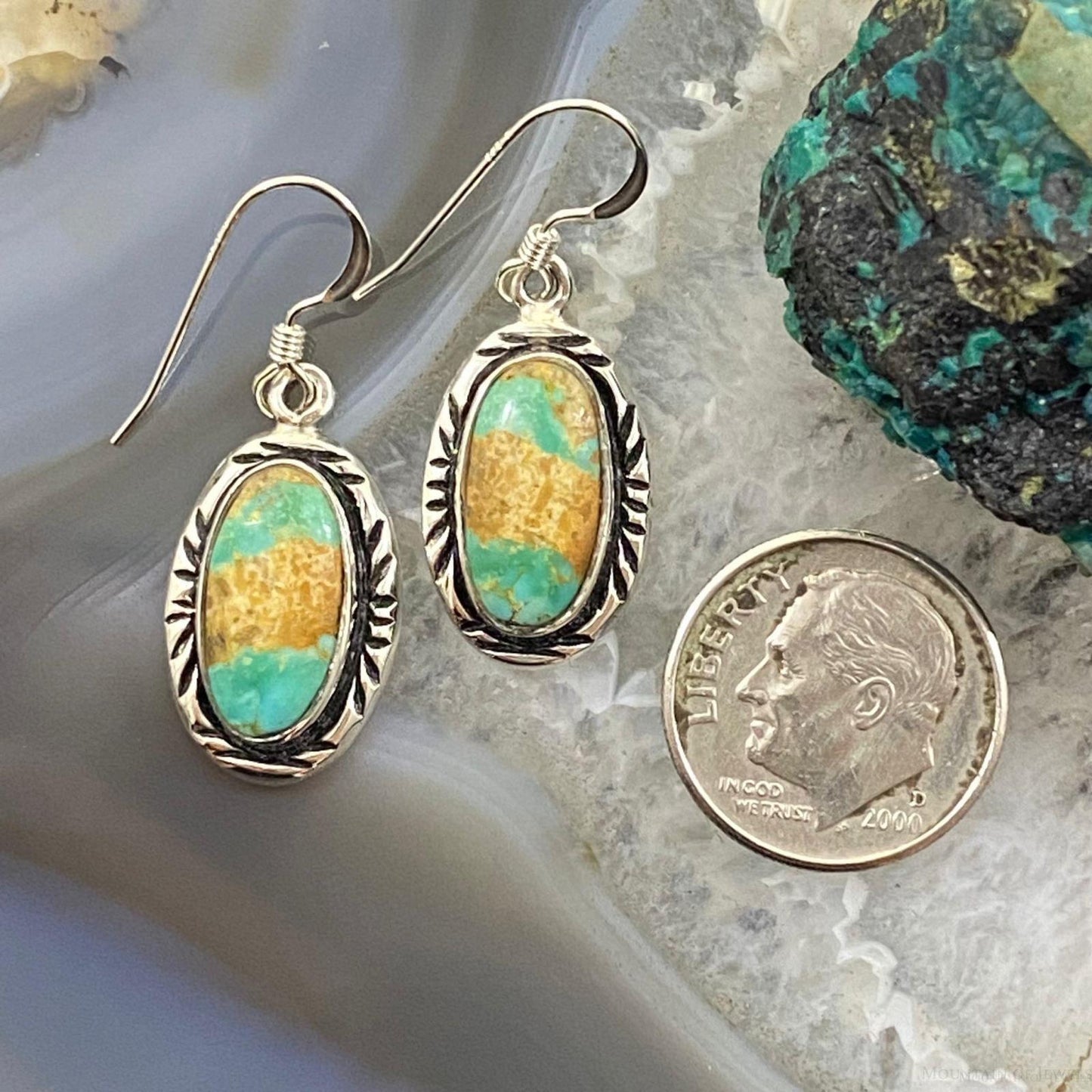 Native American Sterling Silver Oval Ribbon Boulder Turquoise Dangle Earrings