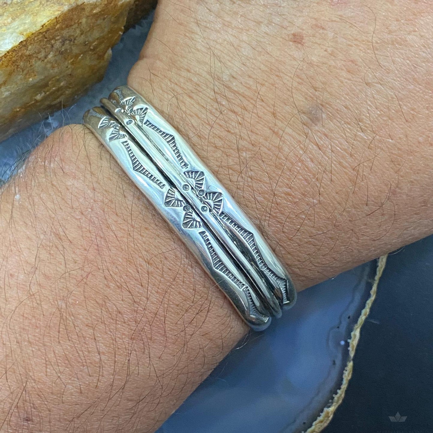 Vintage Native American Sterling Silver Stamped Stackable Bracelet For Men