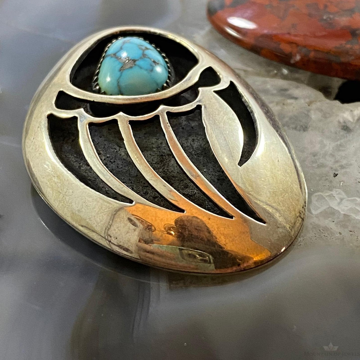 Vintage Native American Silver Turquoise Shadowbox Bear Claw Brooch For Women