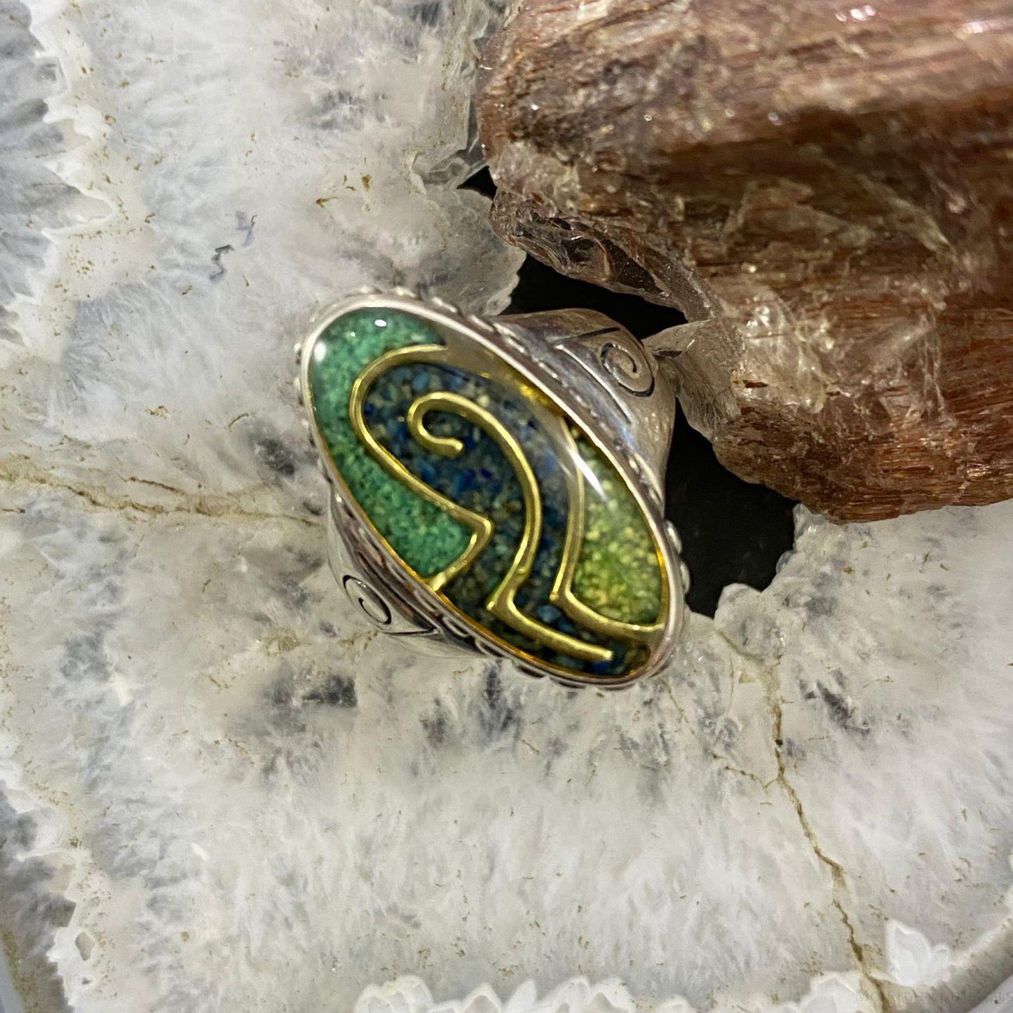 Carolyn Pollack Southwestern Style Sterling Green Turquoise & Lapis Chip Inlay Oval Ring For Women