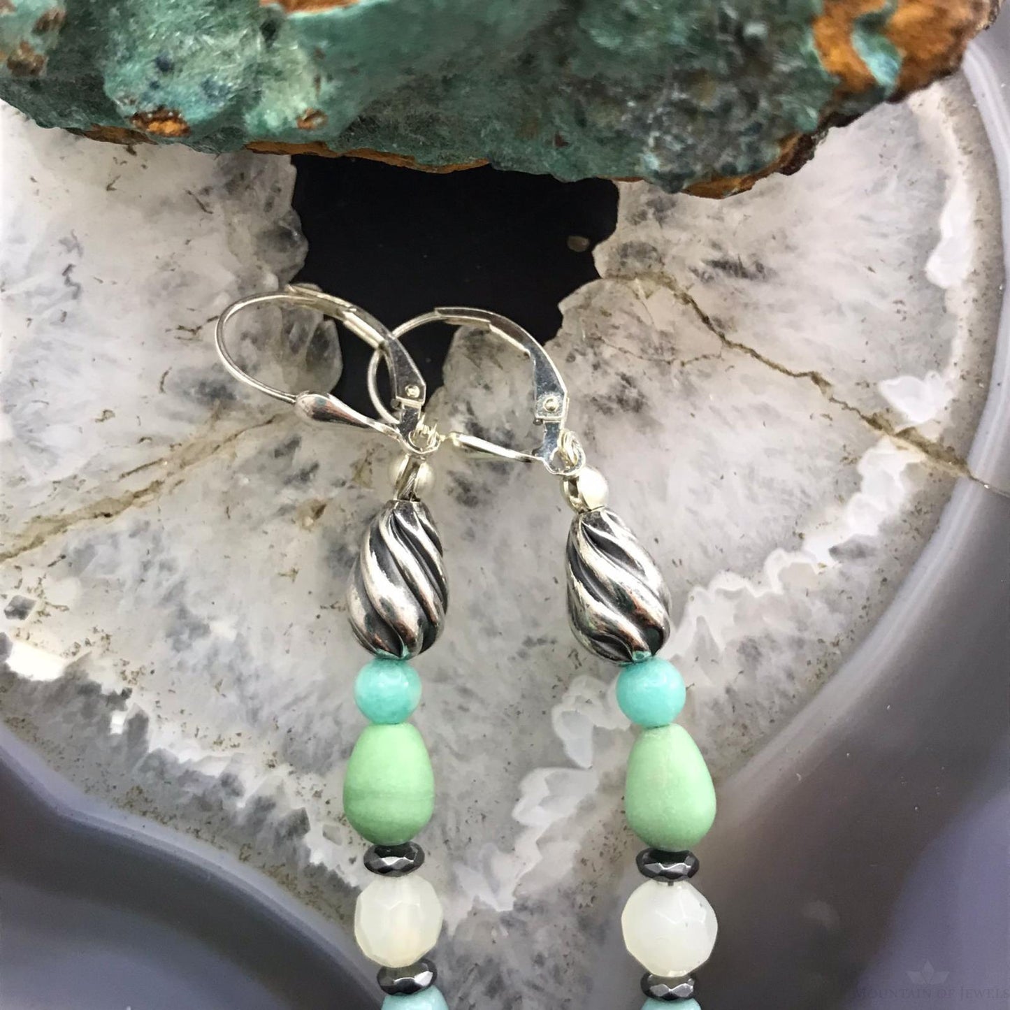 Carolyn Pollack Sterling Silver Amazonite, Variscite, Quartz & Pearl Dangle Earrings For Women