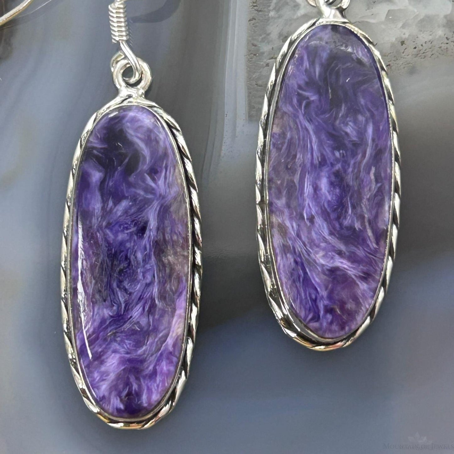 Sterling Silver Southwestern Style Oval Charoite Dangle Earrings For Women