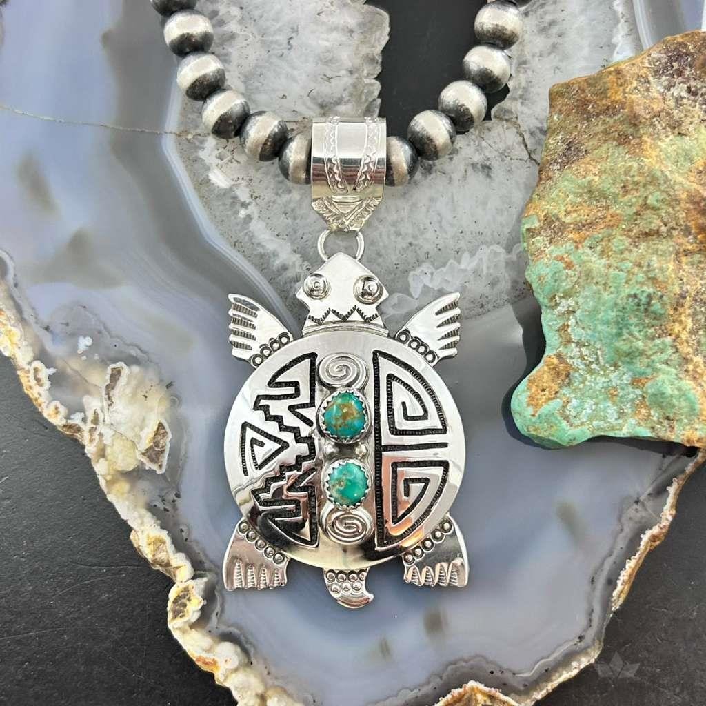 Alonzo Mariano Sterling Silver Overlay Turtle & 2 Turquoise Unisex Pendant #1