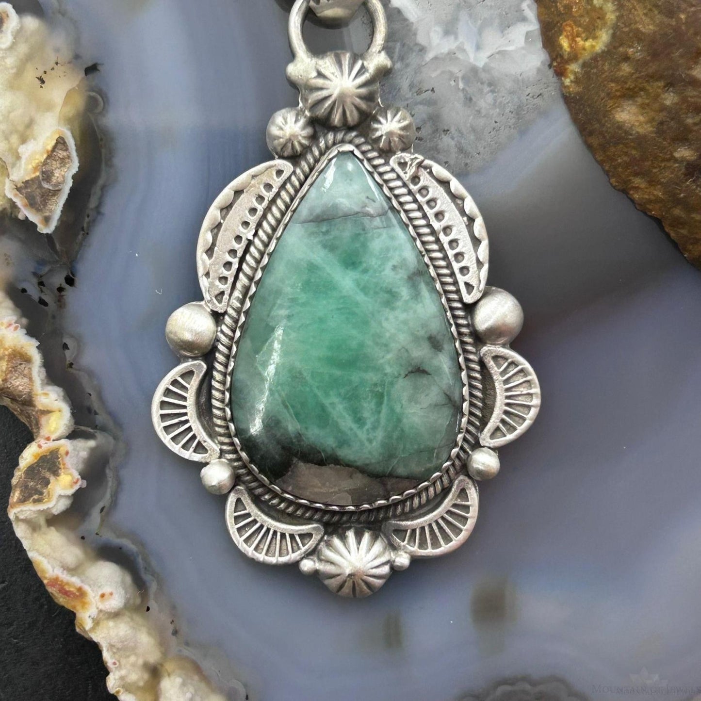 Sterling Silver Southwestern Style Teardrop Emerald Decorated Pendant For Women