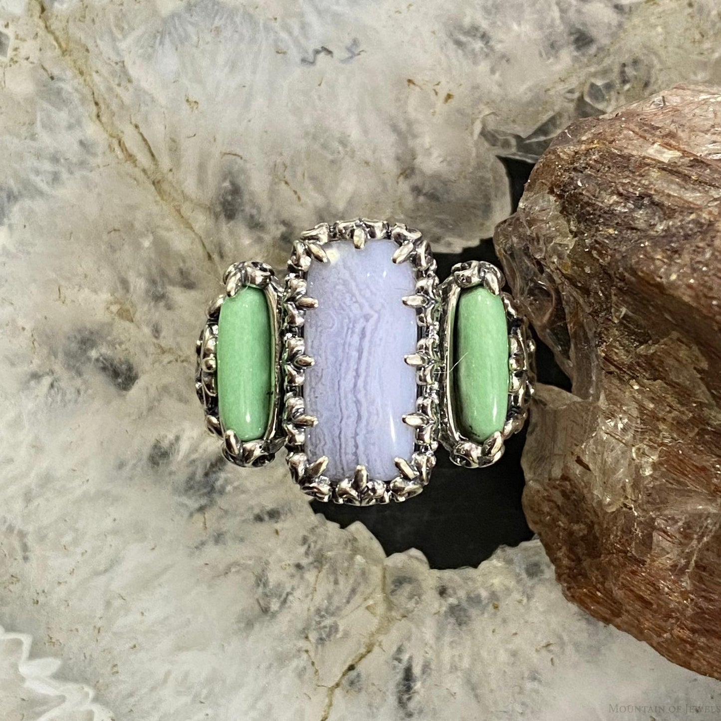 Carolyn Pollack Southwestern Style Sterling Silver Blue Lace Agate & Green Variscite Ring For Women