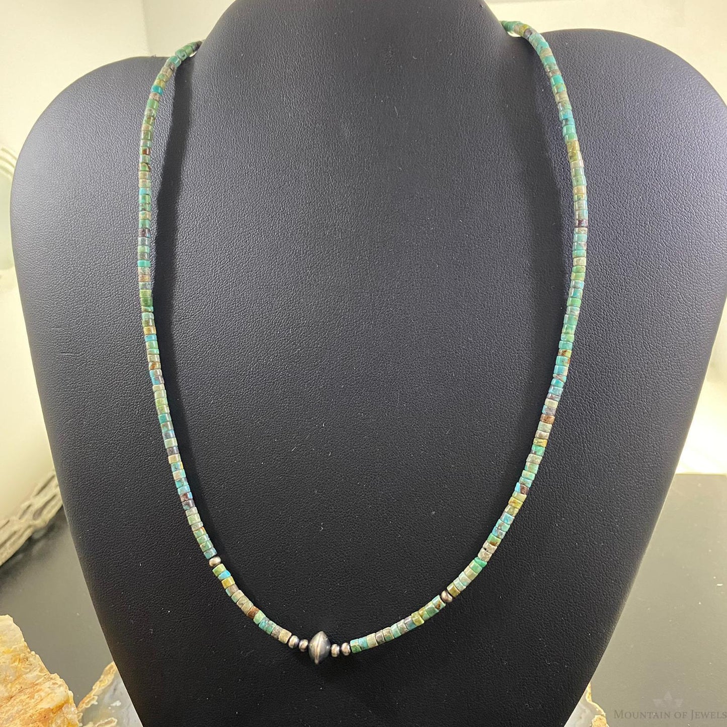 Turquoise Beads 3 mm and Navajo Pearl Sterling Silver Necklace 18" For Women