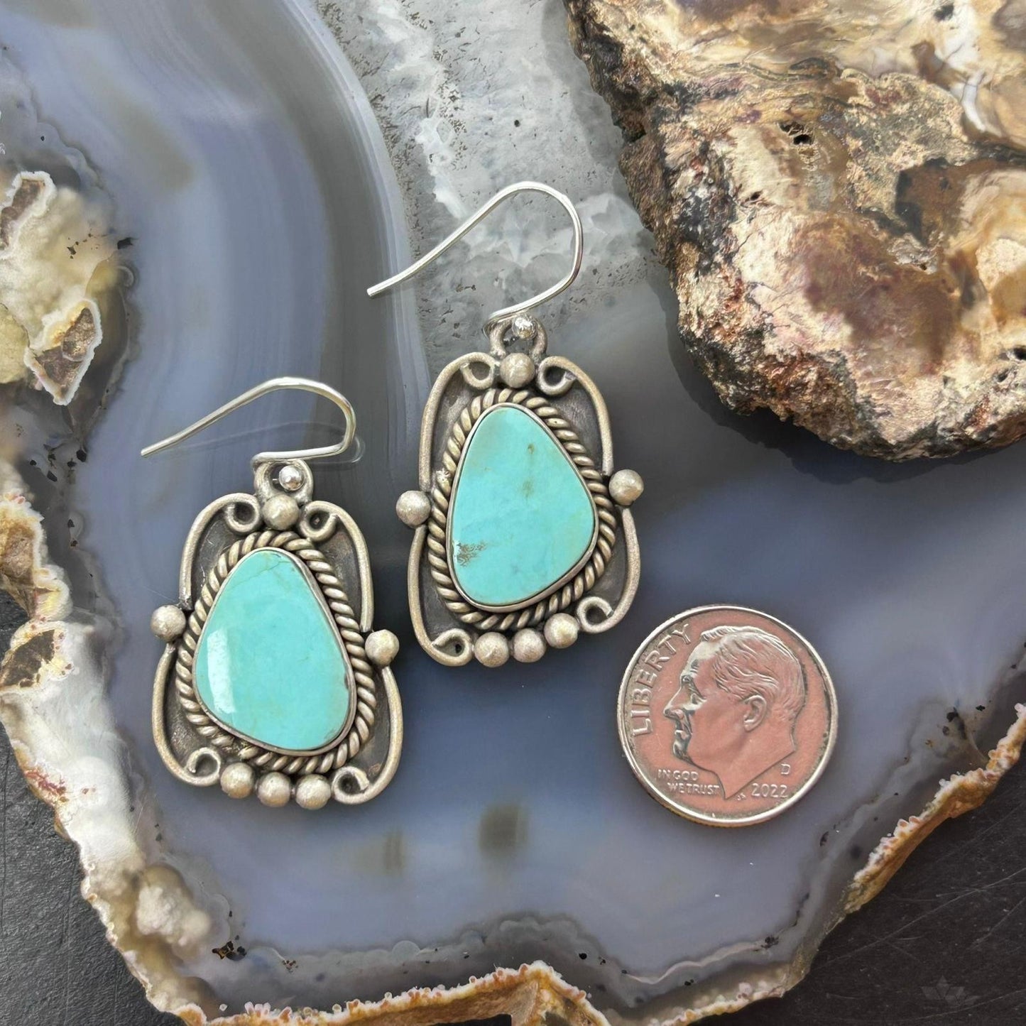 Sterling Silver Southwestern Style Turquoise Decorated Dangle Earrings For Women #1