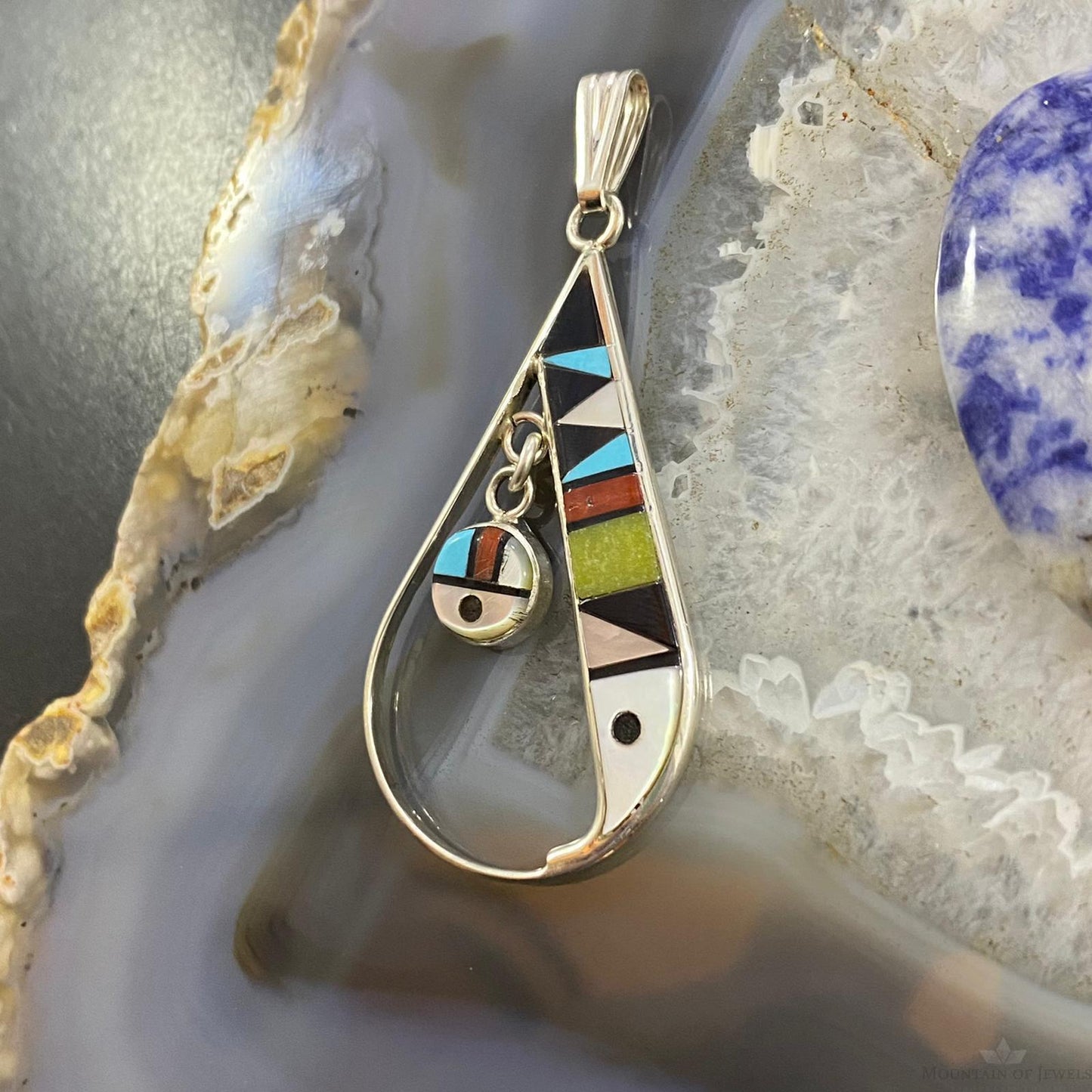 Sheryl Edaakie Zuni Sterling Silver Multistone Inlay Teardrop Pendant #1