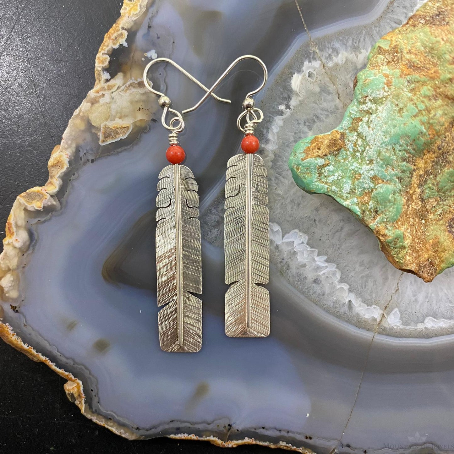 David Kuticka Native American Sterling Silver Feather w/Coral Dangle Earrings #1
