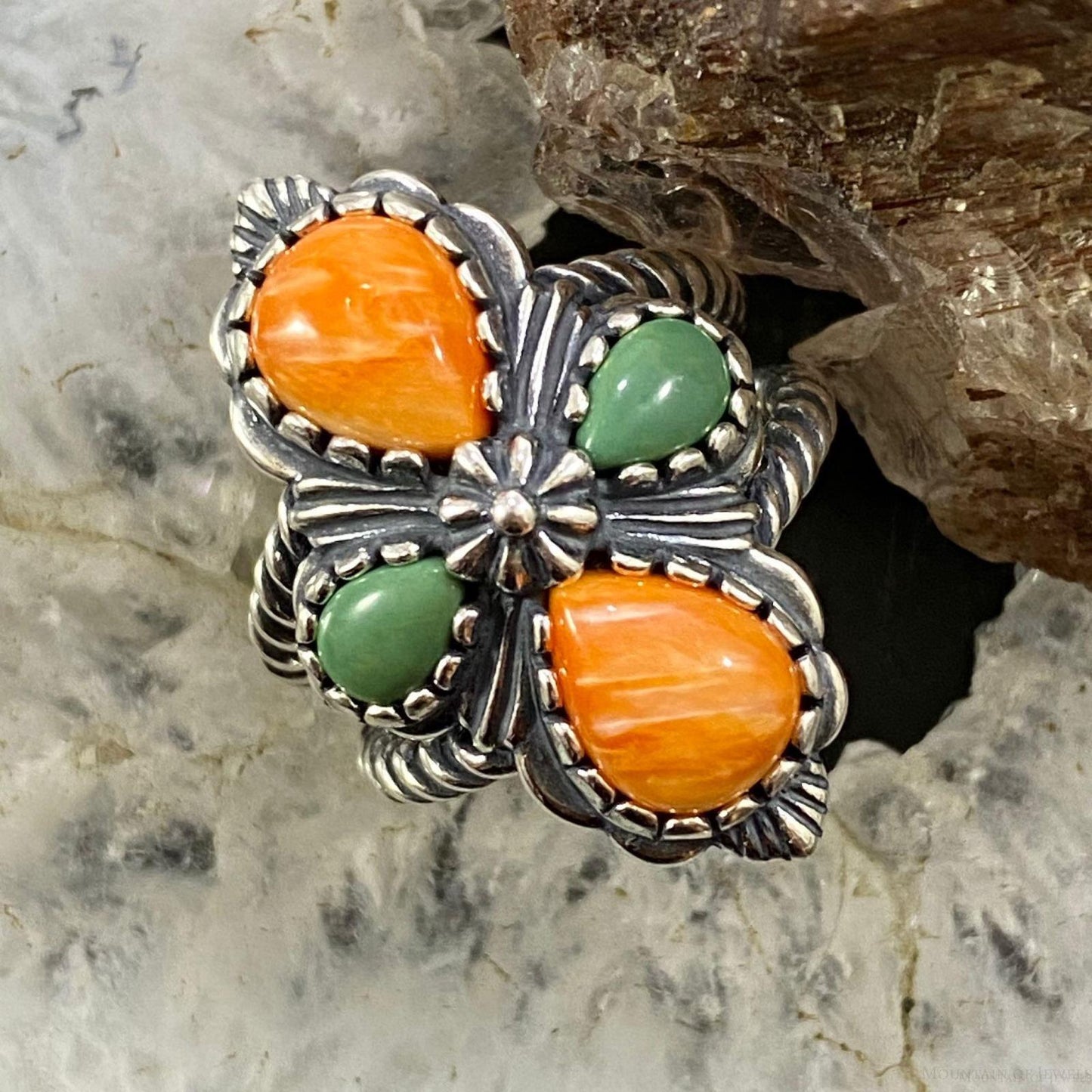 Carolyn Pollack Southwestern Style Sterling Silver Orange Spiny Oyster & Gaspeite Cross Ring For Women