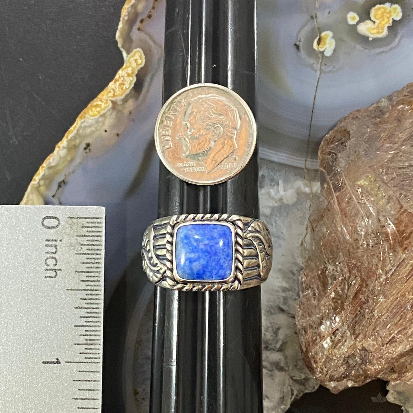 Carolyn Pollack Southwestern Style Sterling Silver Denim Lapis Heavy Decorated Unisex Shield Ring