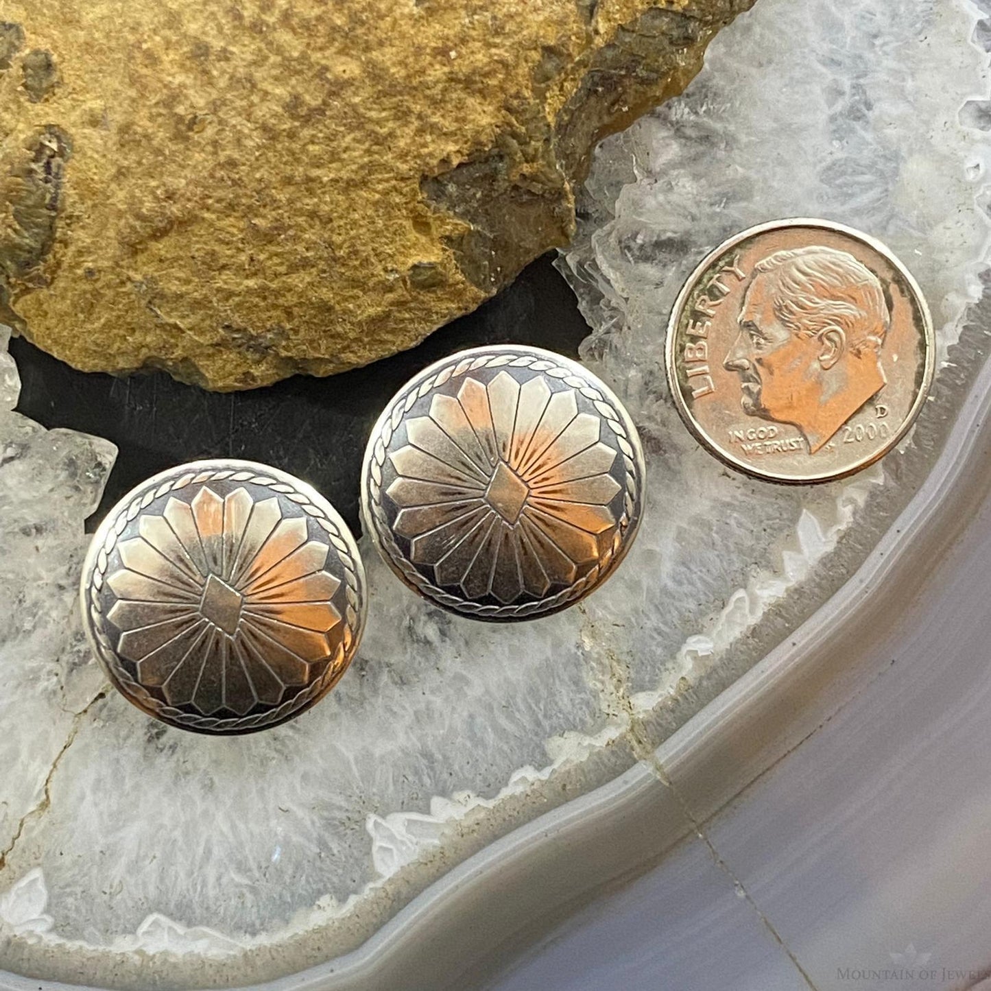 Native American Sterling Silver Round Floral Stud Earrings For Women