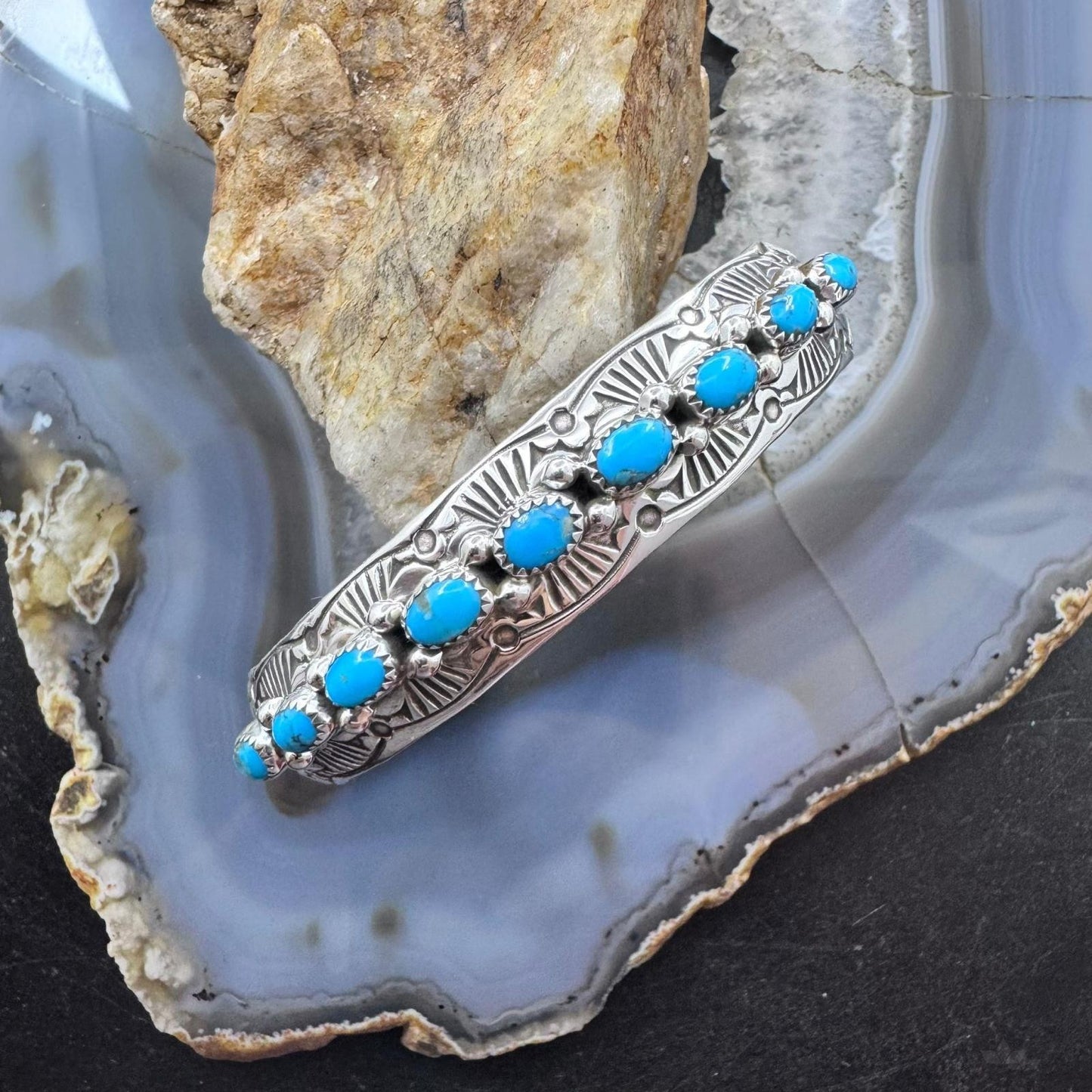 Grace Silver Native American Sterling Single Row 9 Oval Kingman Turquoise Bracelet For Women
