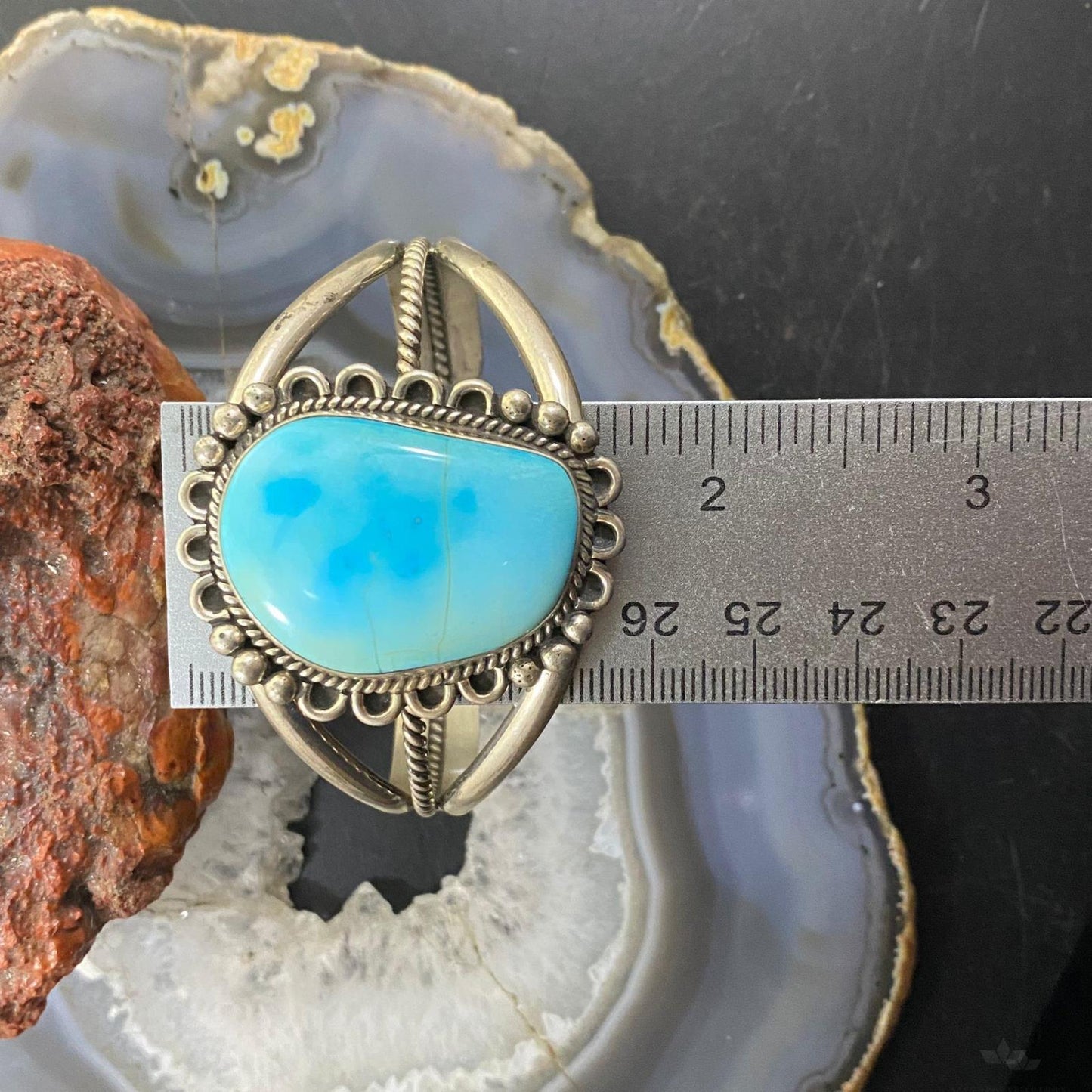 Vintage Native American Sterling Silver Turquoise Decorated Split Shank Bracelet
