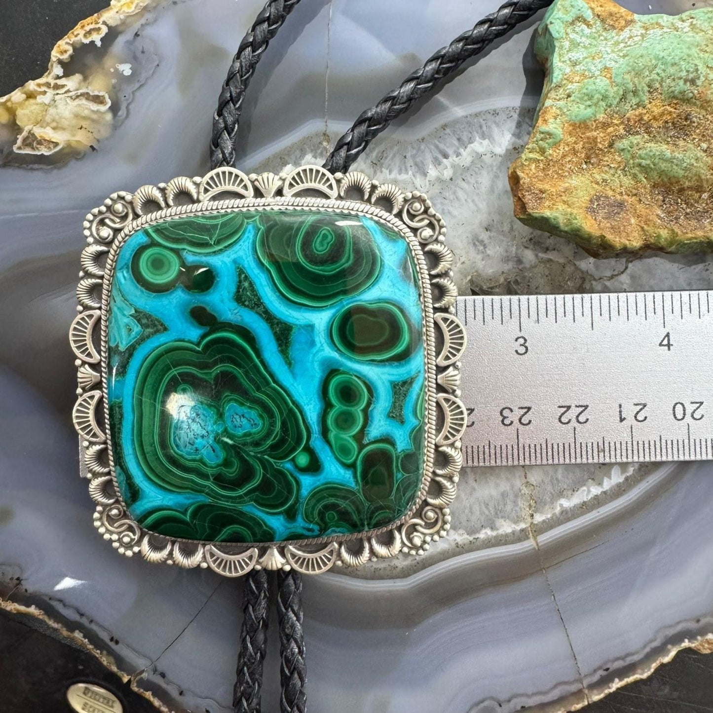 Sterling Silver Southwestern Style Square Azurite Malachite Bolo Tie For Men