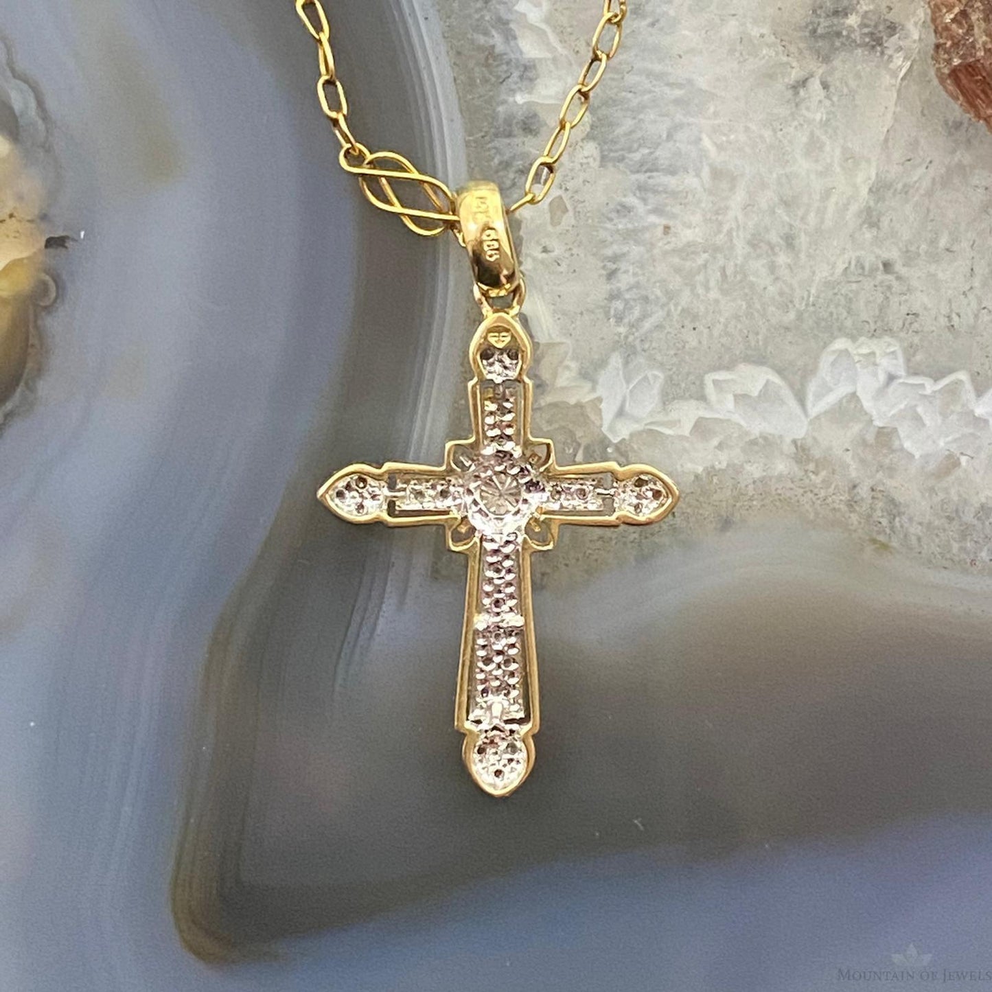 14K Two Tone Yellow & Rose Gold w/Diamonds Cross Pendant For Women