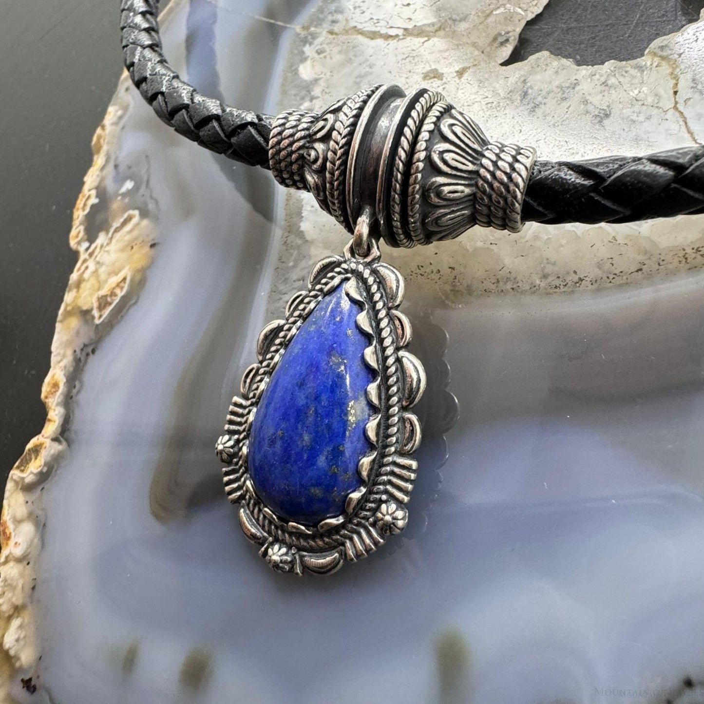 Carolyn Pollack Black Braided Leather Necklace with Teardrop Denim Lapis Pendant