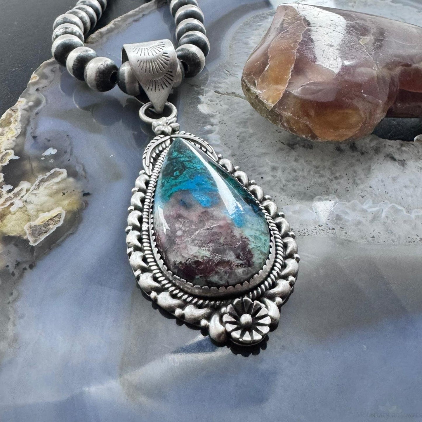 Sterling Silver Southwestern Style Elongated Teardrop Shattuckite Pendant For Women