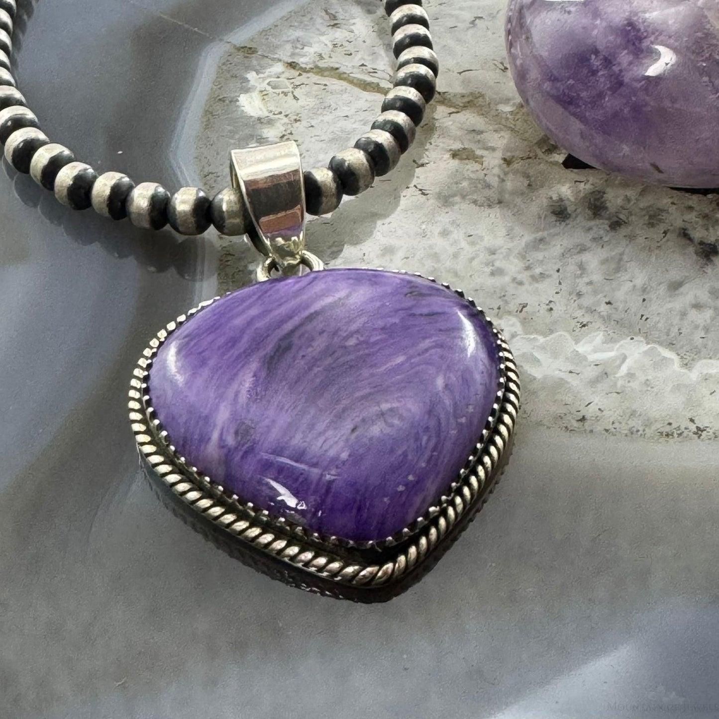 Sterling Silver Southwestern Style Charoite Heart Shape Pendant For Women