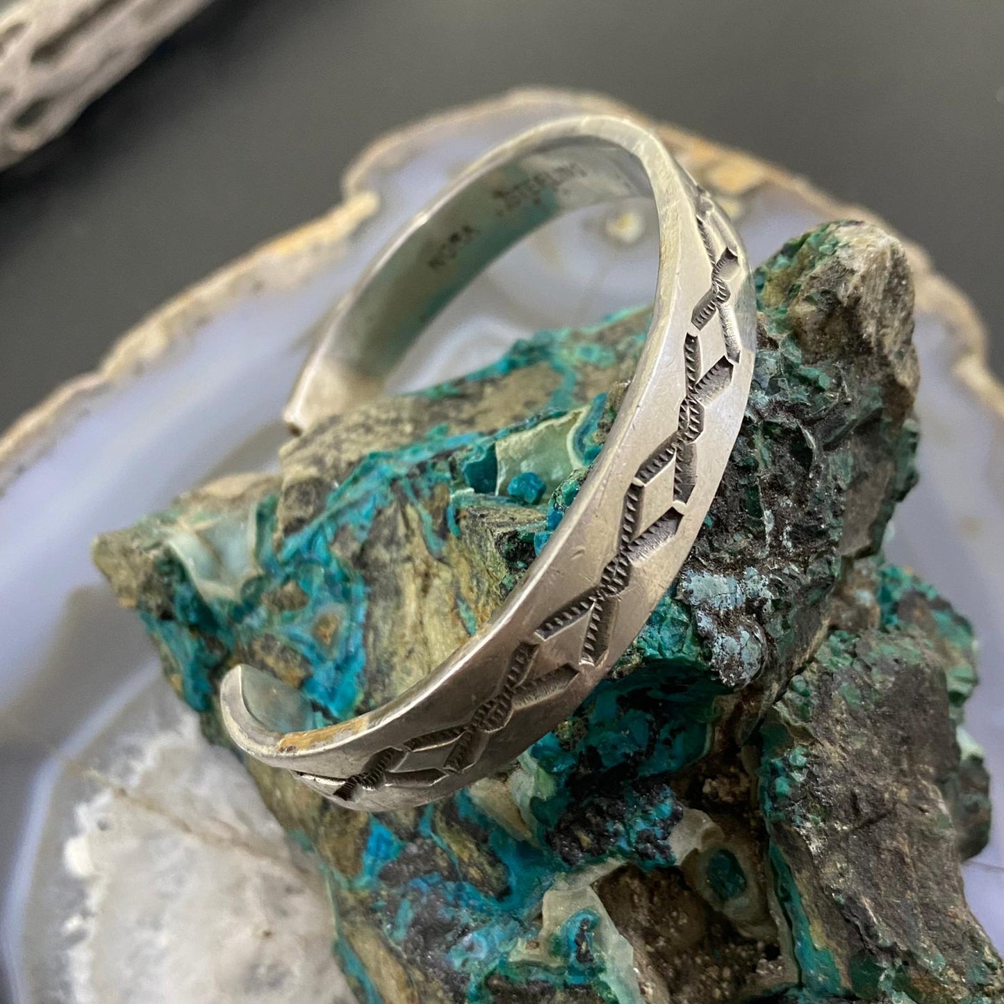 Nora Tahe Vintage Native American Sterling Silver Stamped Bracelet
