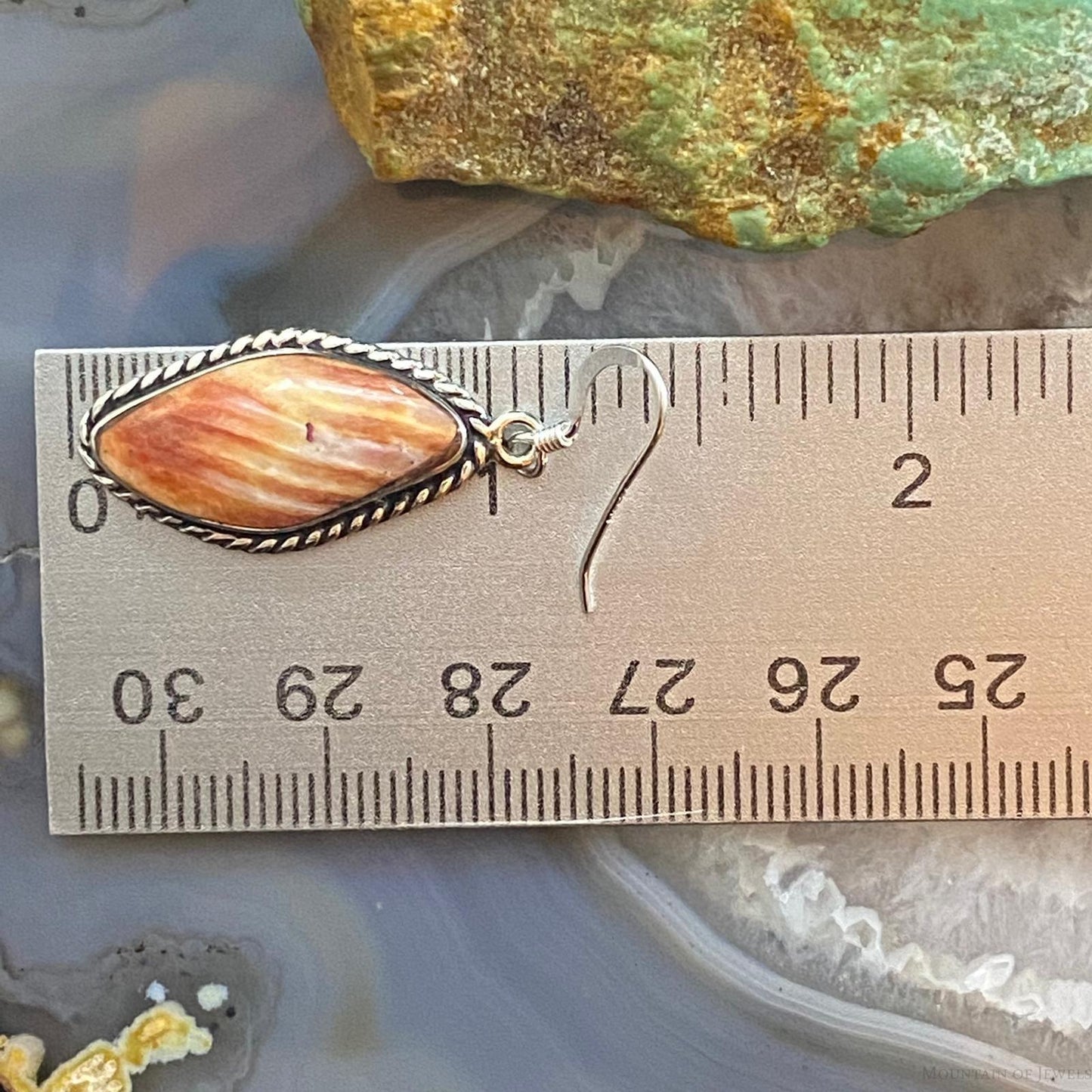 Native American Sterling Silver Marquise Spiny Oyster Dangle Earrings For Women