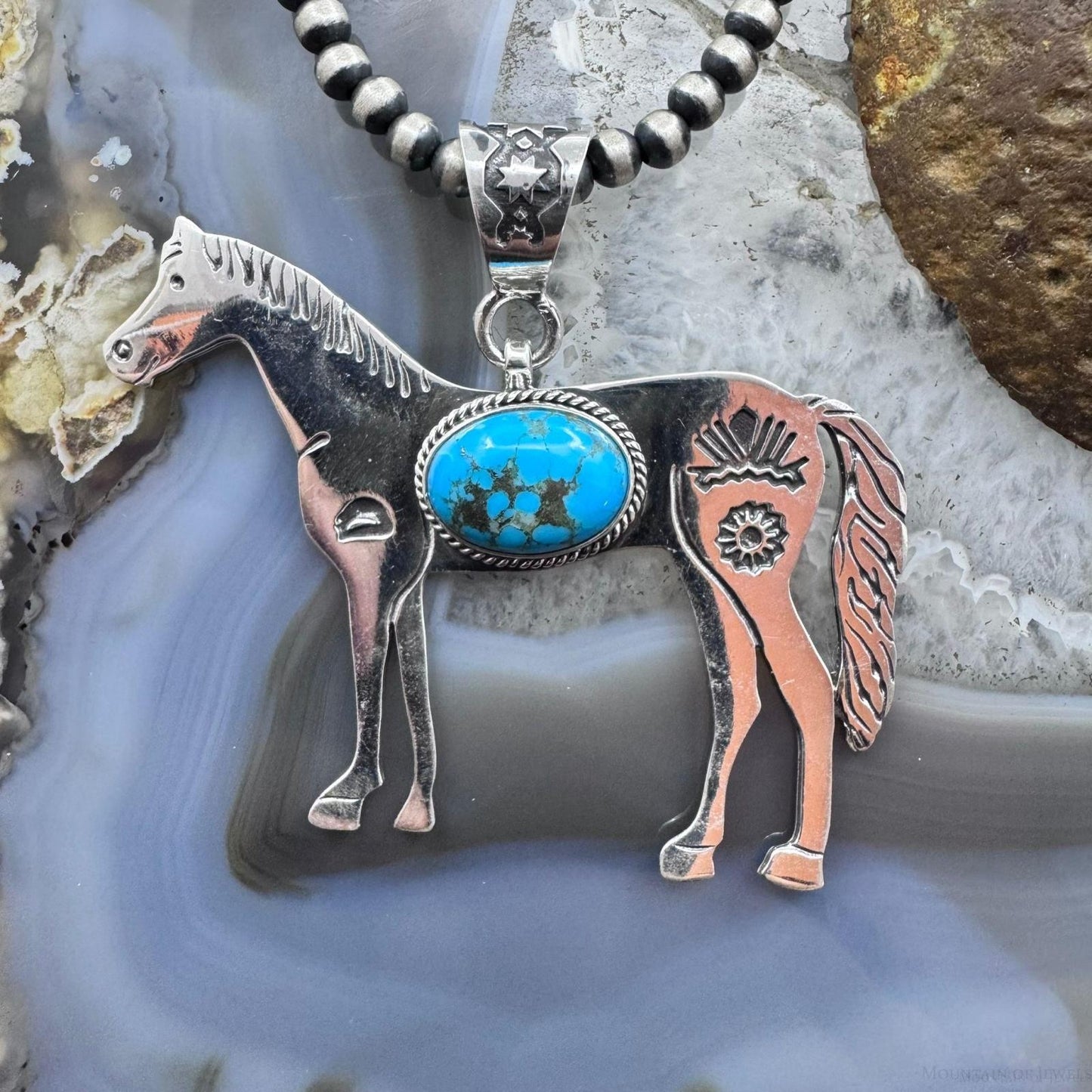 Sterling Silver Turquoise Stamped Indigenous Symbols Horse Unisex Pendant