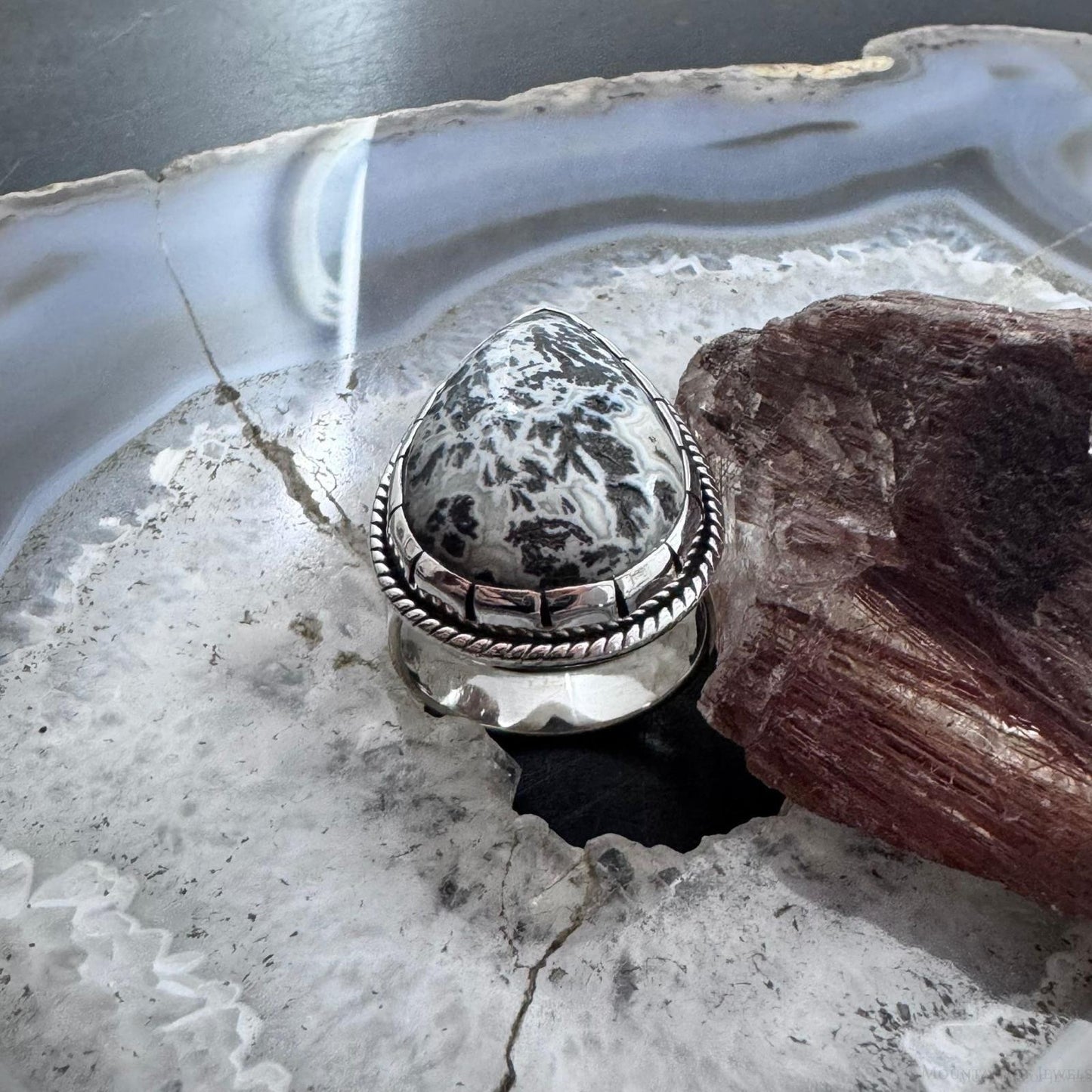 Sterling Silver Southwestern Style Teardrop Parral Dendritic Decorated Ring Size 10 For Women