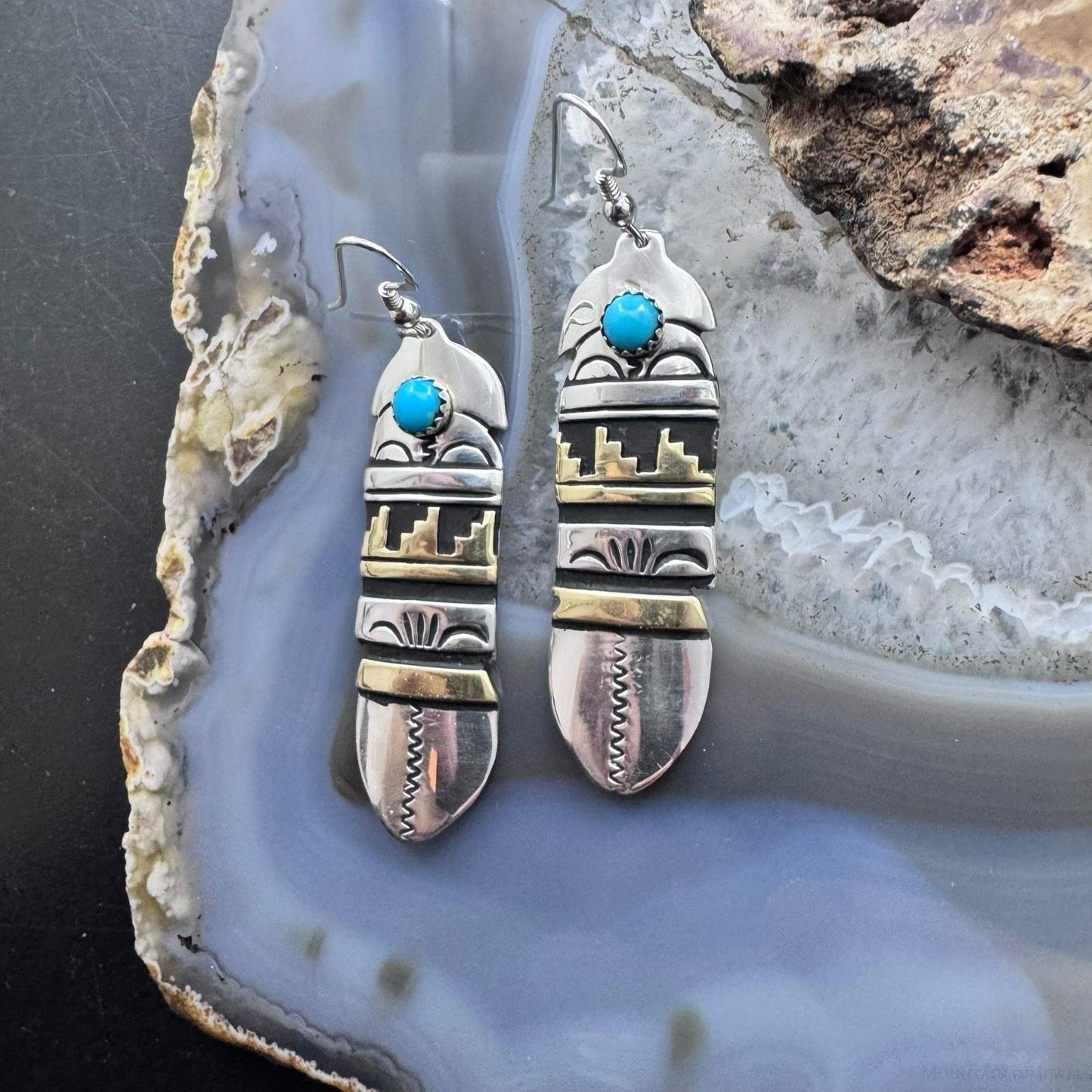 Tommy & Rosita Singer Sterling Silver & Gold Filled Dot Turquoise Feather Dangle Earrings For Women
