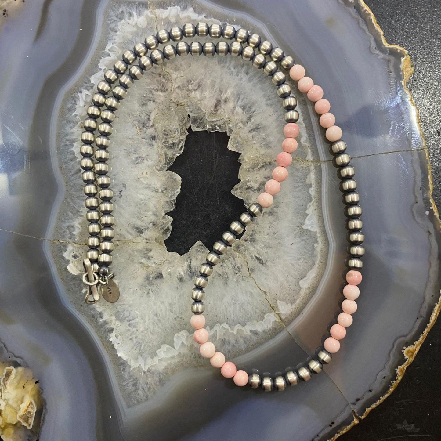 Native American Sterling 4mm Navajo Pearl 4.4mm Peruvian Opal Bead 16" Necklace