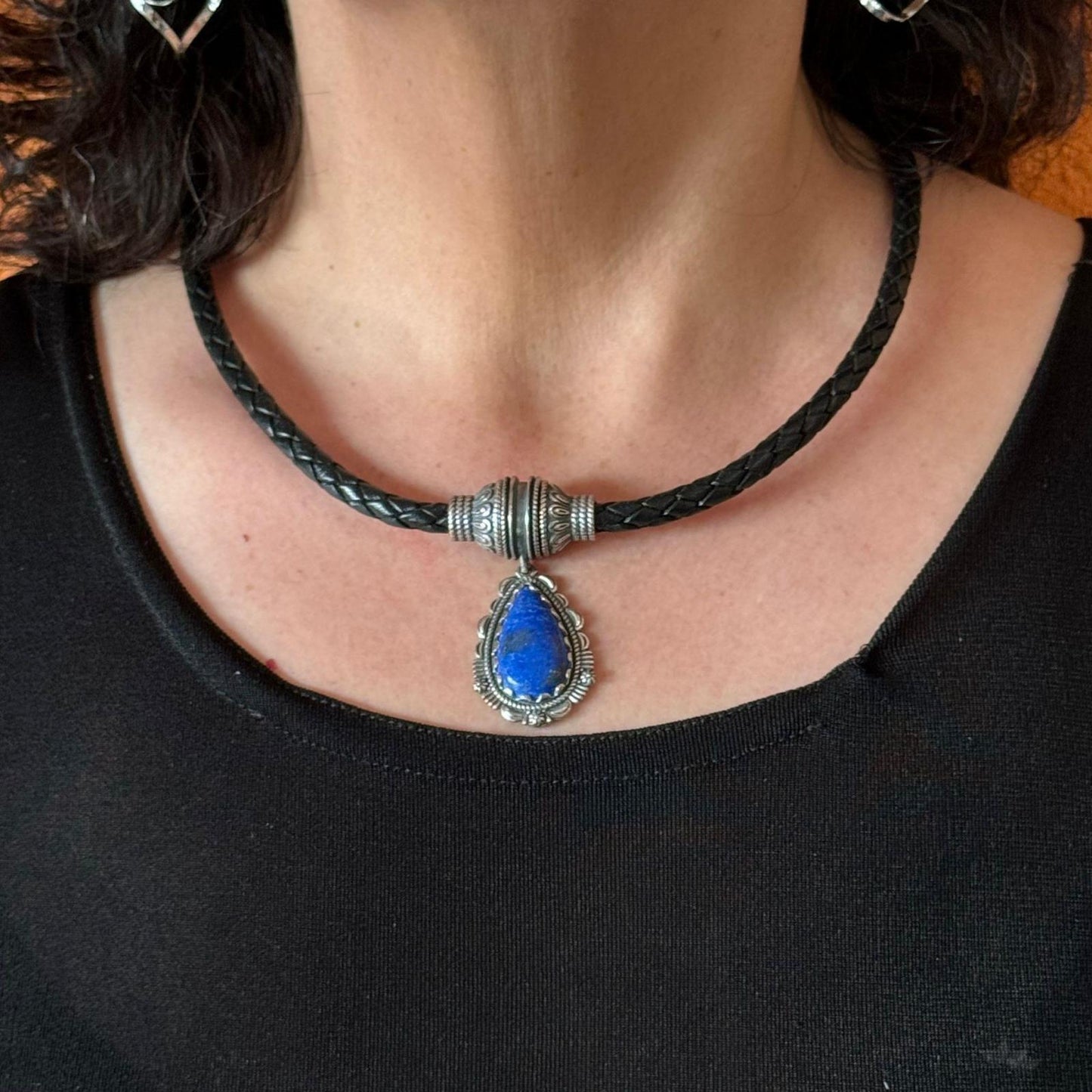 Carolyn Pollack Black Braided Leather Necklace with Teardrop Denim Lapis Pendant