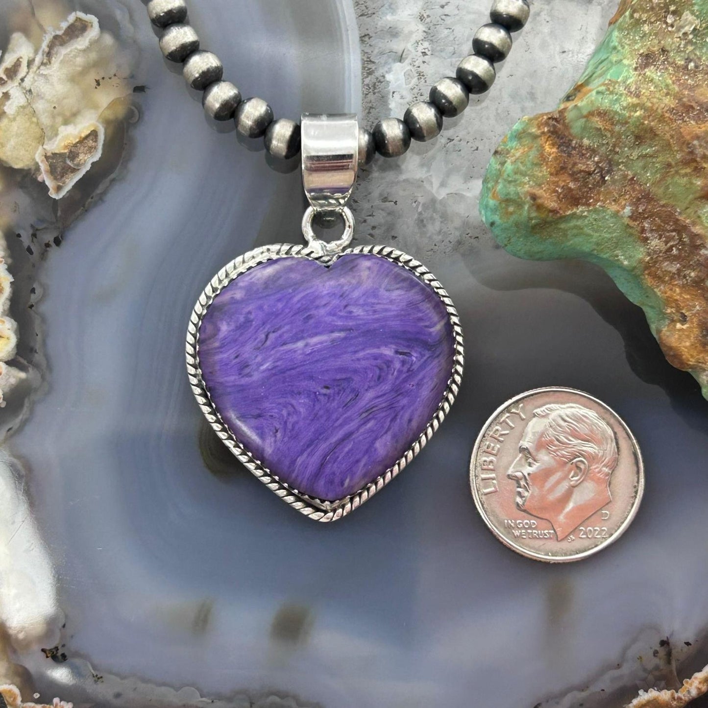 Sterling Silver Southwestern Style Charoite Heart Pendant For Women