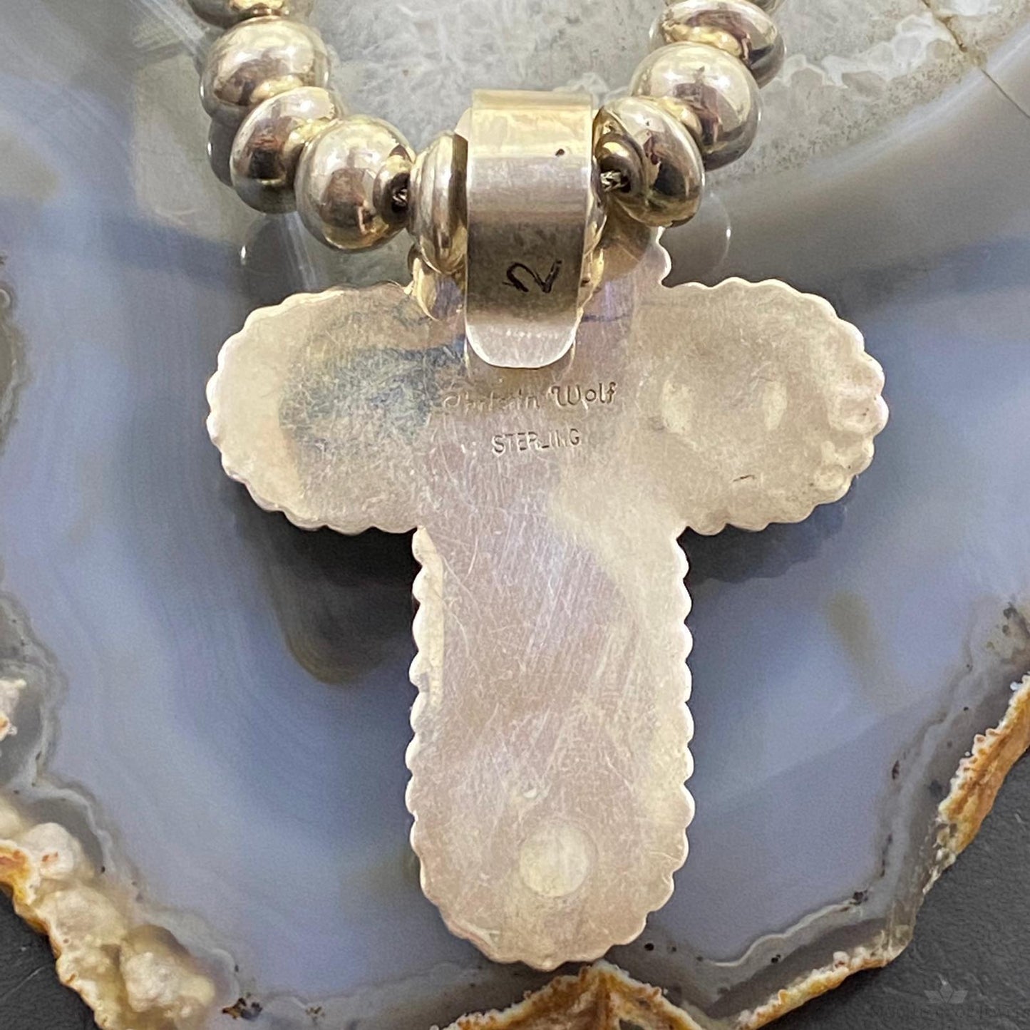 Christin Wolf Sterling Silver Moon Stone Cross With Navajo Beads Necklace 20"
