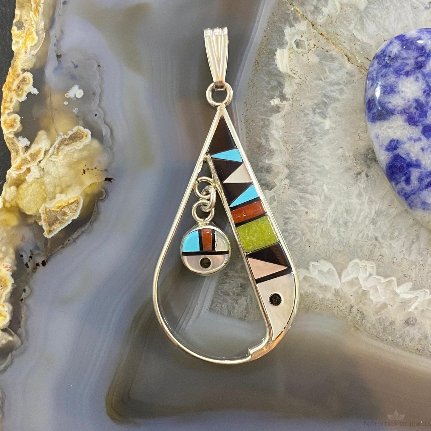 Sheryl Edaakie Zuni Sterling Silver Multistone Inlay Teardrop Pendant #1