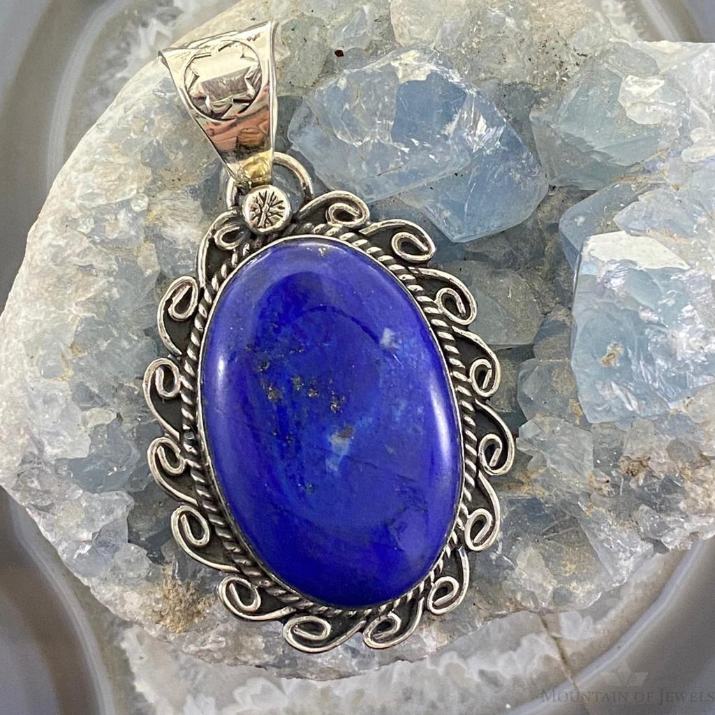 Gilbert Nez Navajo Sterling Silver Oval Decorated Lapis Pendant For Women