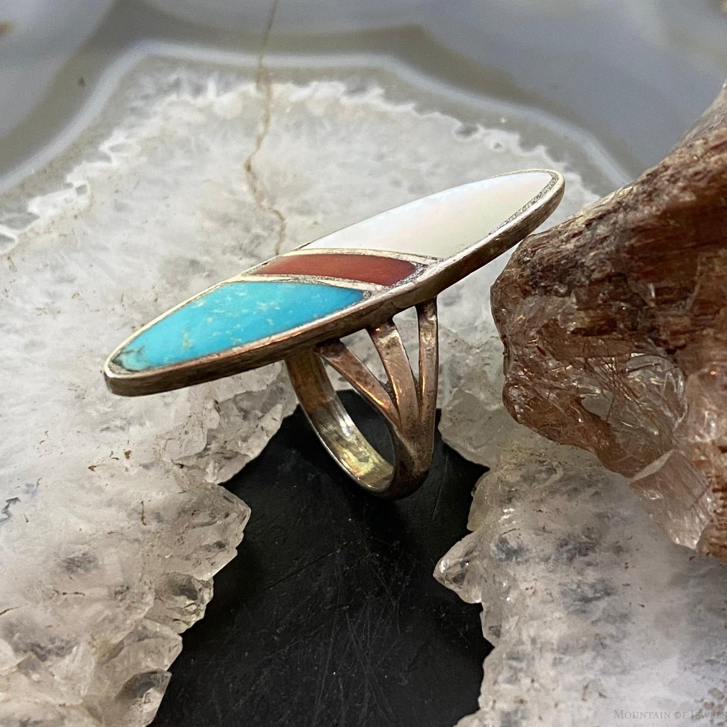 Vintage Native American Silver Marquise Multi Stone Channel Inlay Ring Size 7