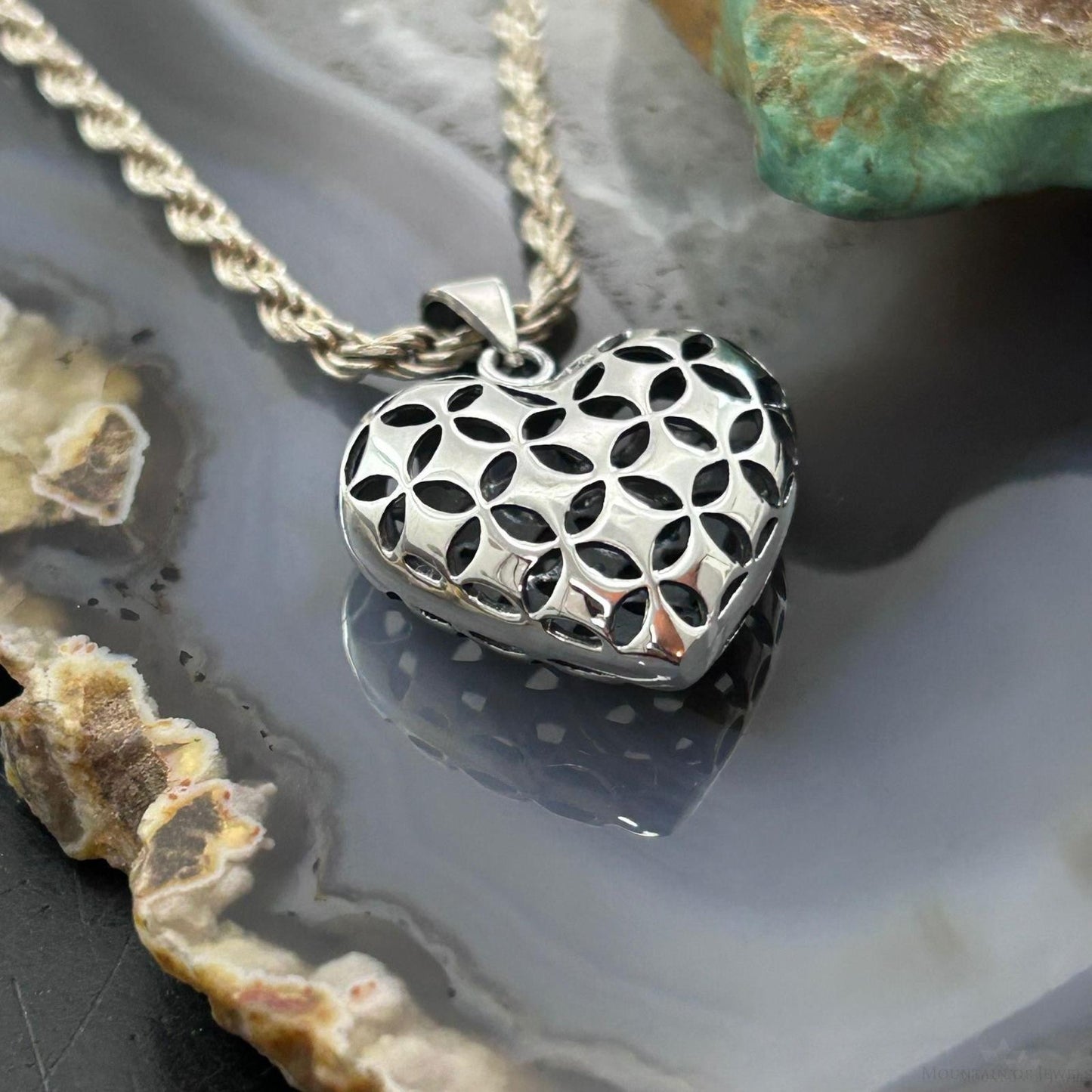 Sterling Silver Lattice Cut Out Hollowed Heart Pendant For Women