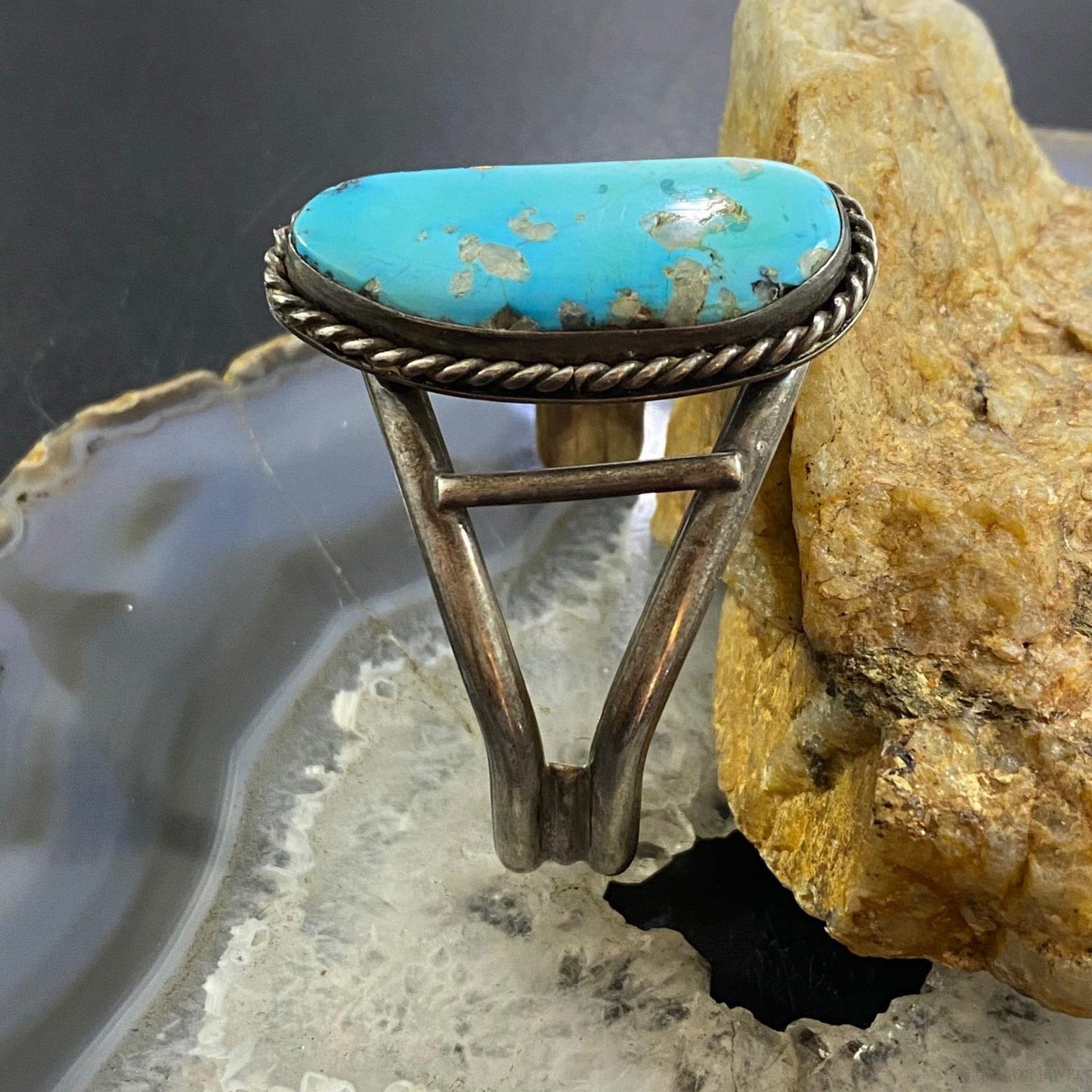 Vintage Native American Silver Large Kidney Shape Turquoise Bracelet For Women
