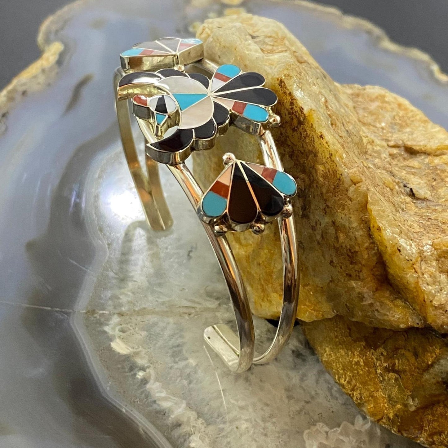 Beon Wallace Zuni Native American Sterling Multi Stones Inlay Thunderbird Cuff