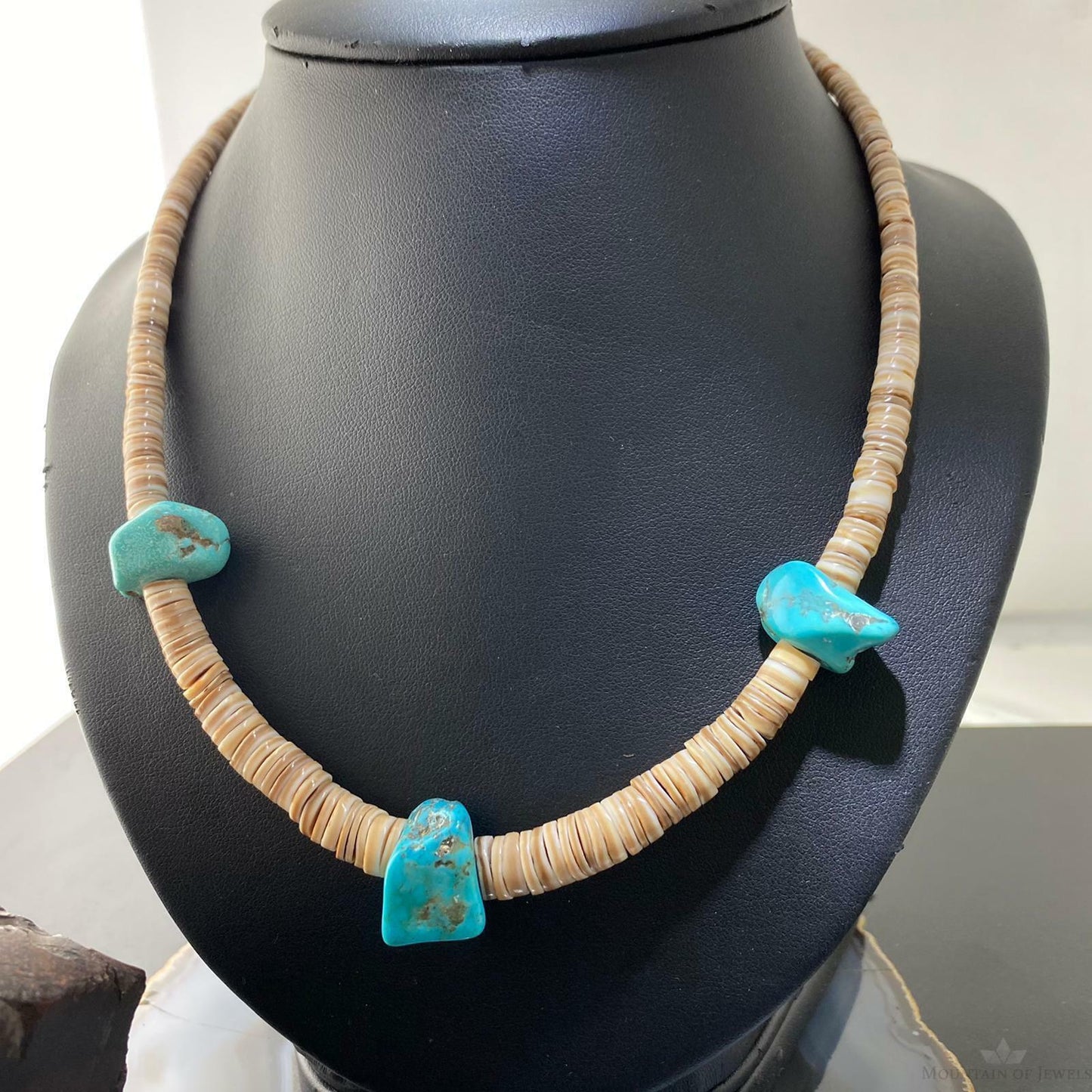 Vintage Native American Heishi Sea Shell Disk and Chunky Turquoise Necklace