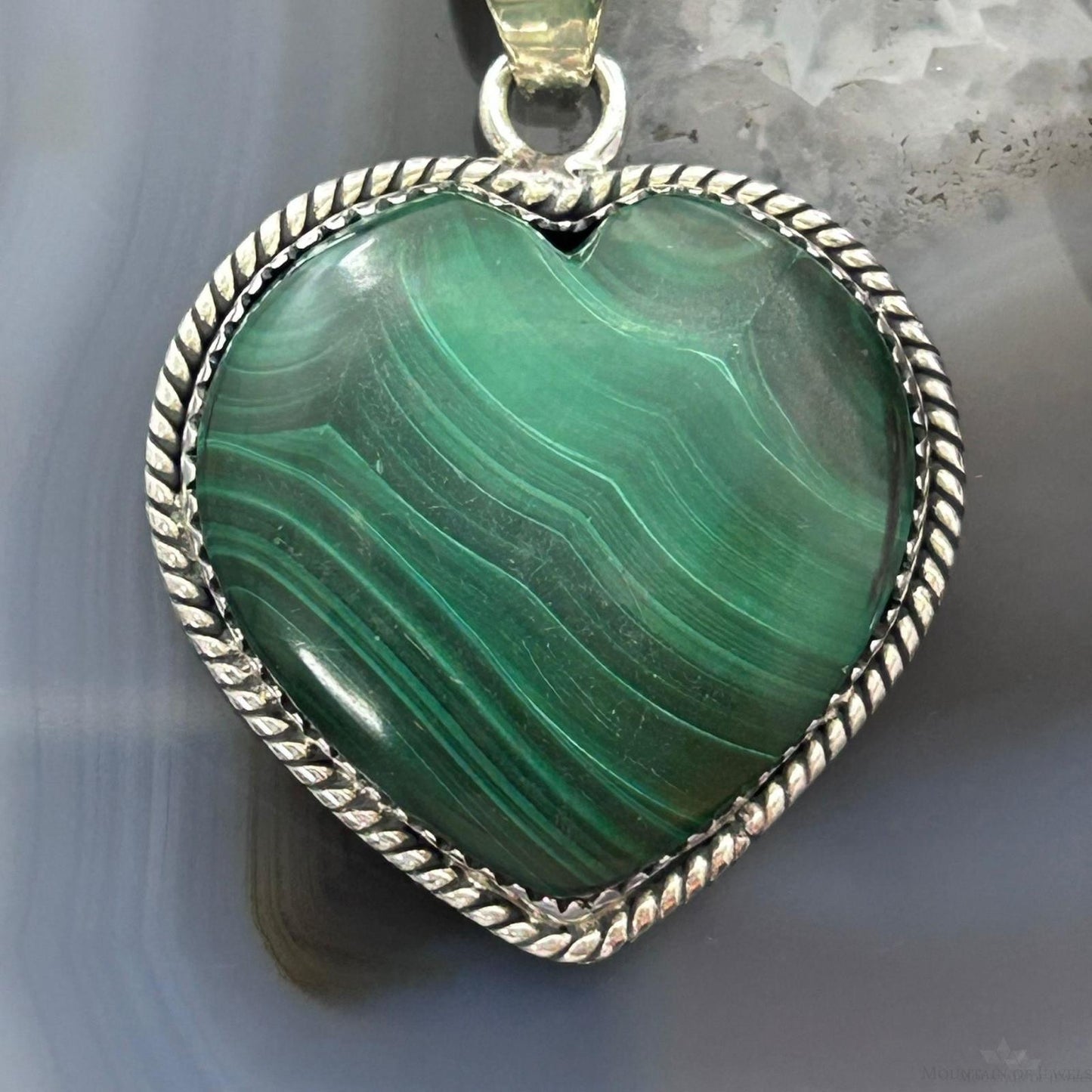 Sterling Silver Southwestern Style Malachite Heart Pendant For Women #1