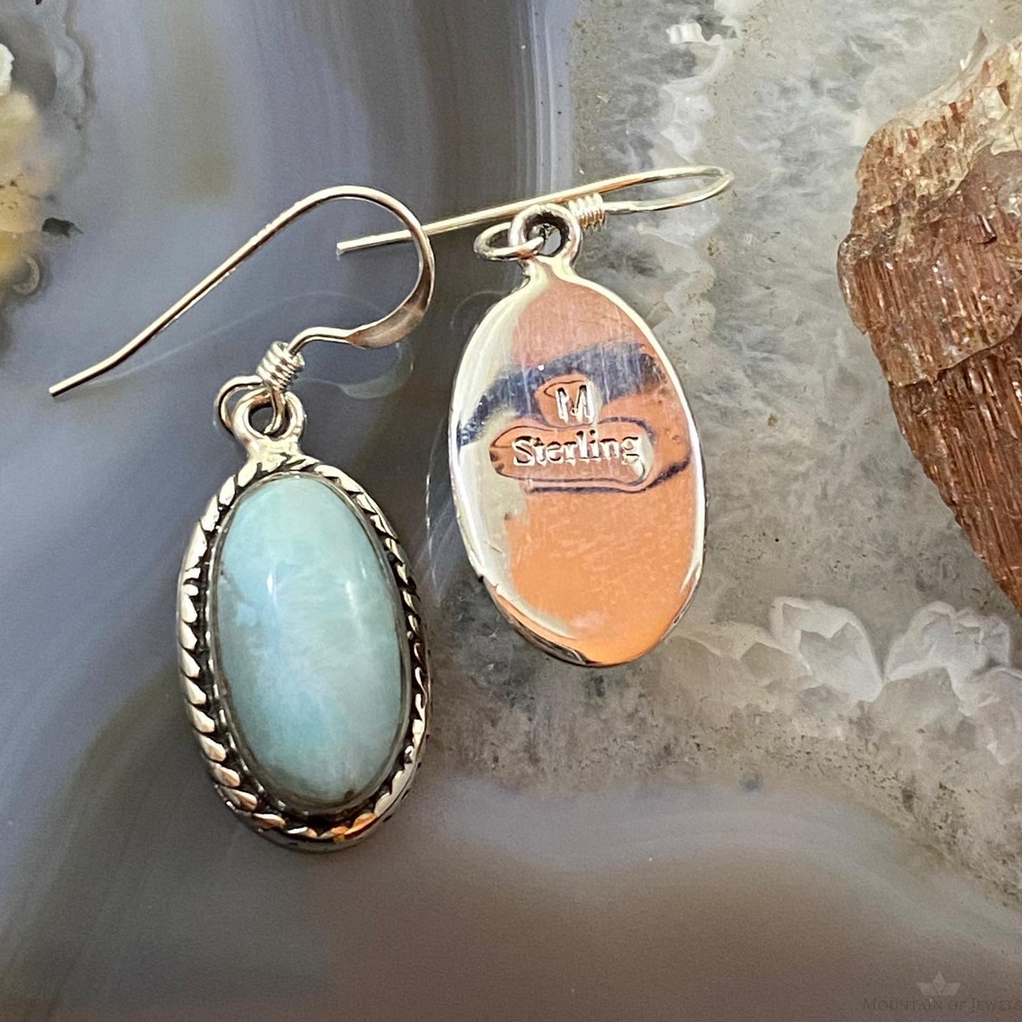 Native American Sterling Silver Oval Larimar Dangle Earrings For Women