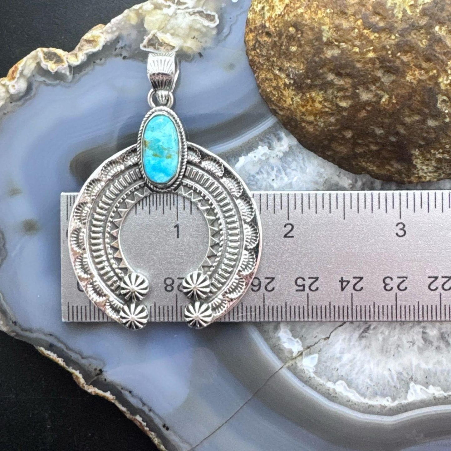 Sterling Silver Southwestern Style Oval Turquoise Decorated Unisex Naja Pendant
