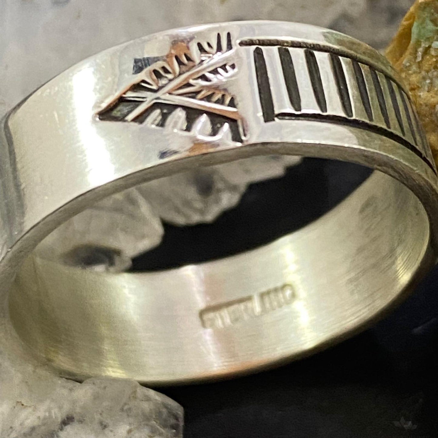 Native American Sterling Silver Decorated Overlay Band Ring Size 12.5 For Men