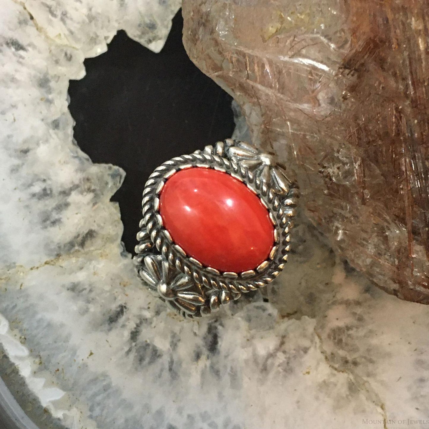 Carolyn Pollack Vintage Southwestern Style Sterling Silver Oval Red Jasper Decorated Ring For Women