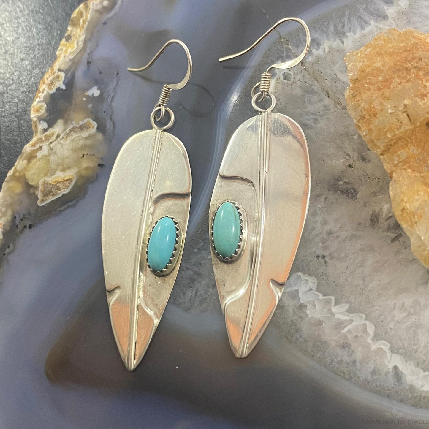 Signed Native American Sterling Silver Leaf Turquoise Dangle Earrings For Women