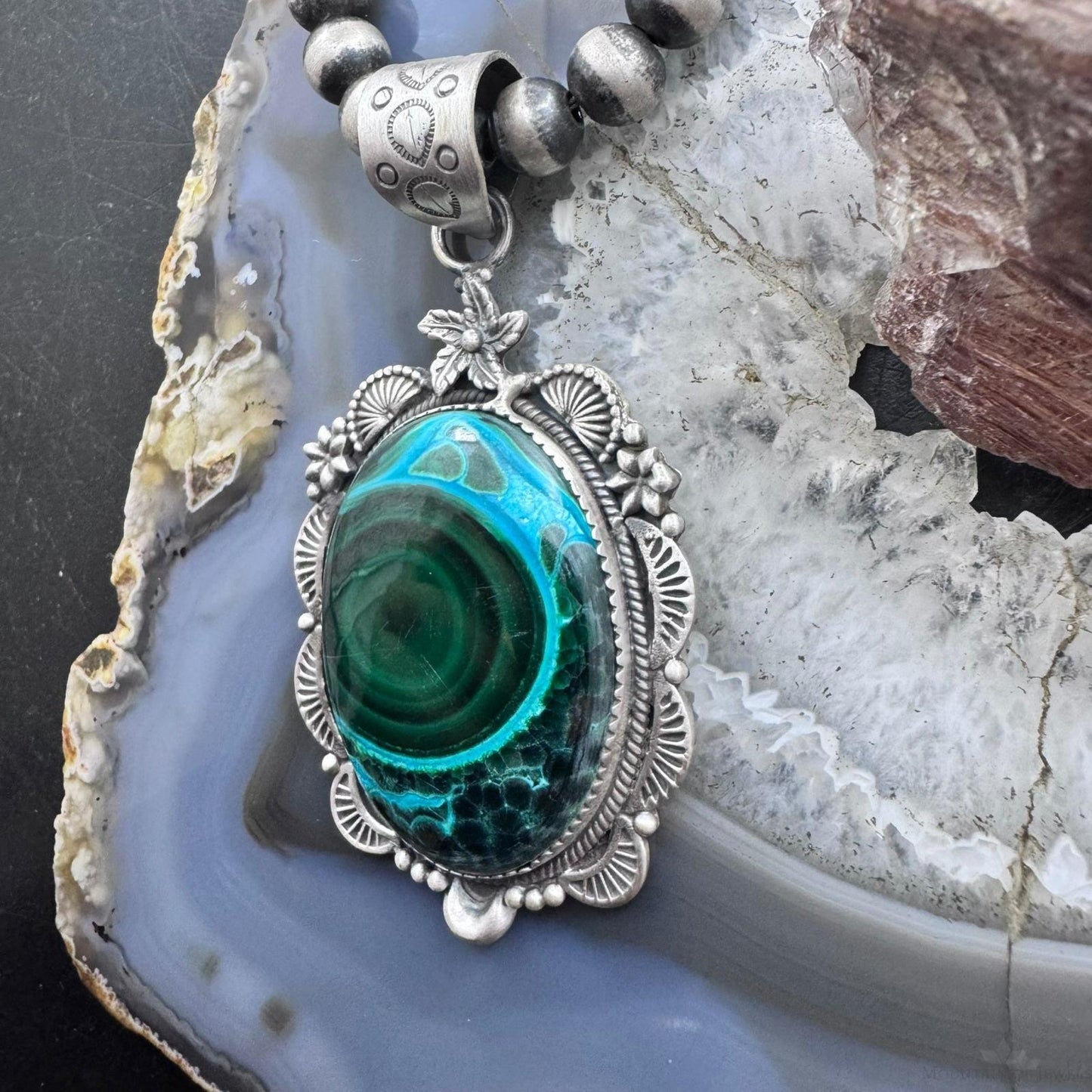 Sterling Silver Southwestern Style Oval Azurite Malachite Decorated Pendant For Women